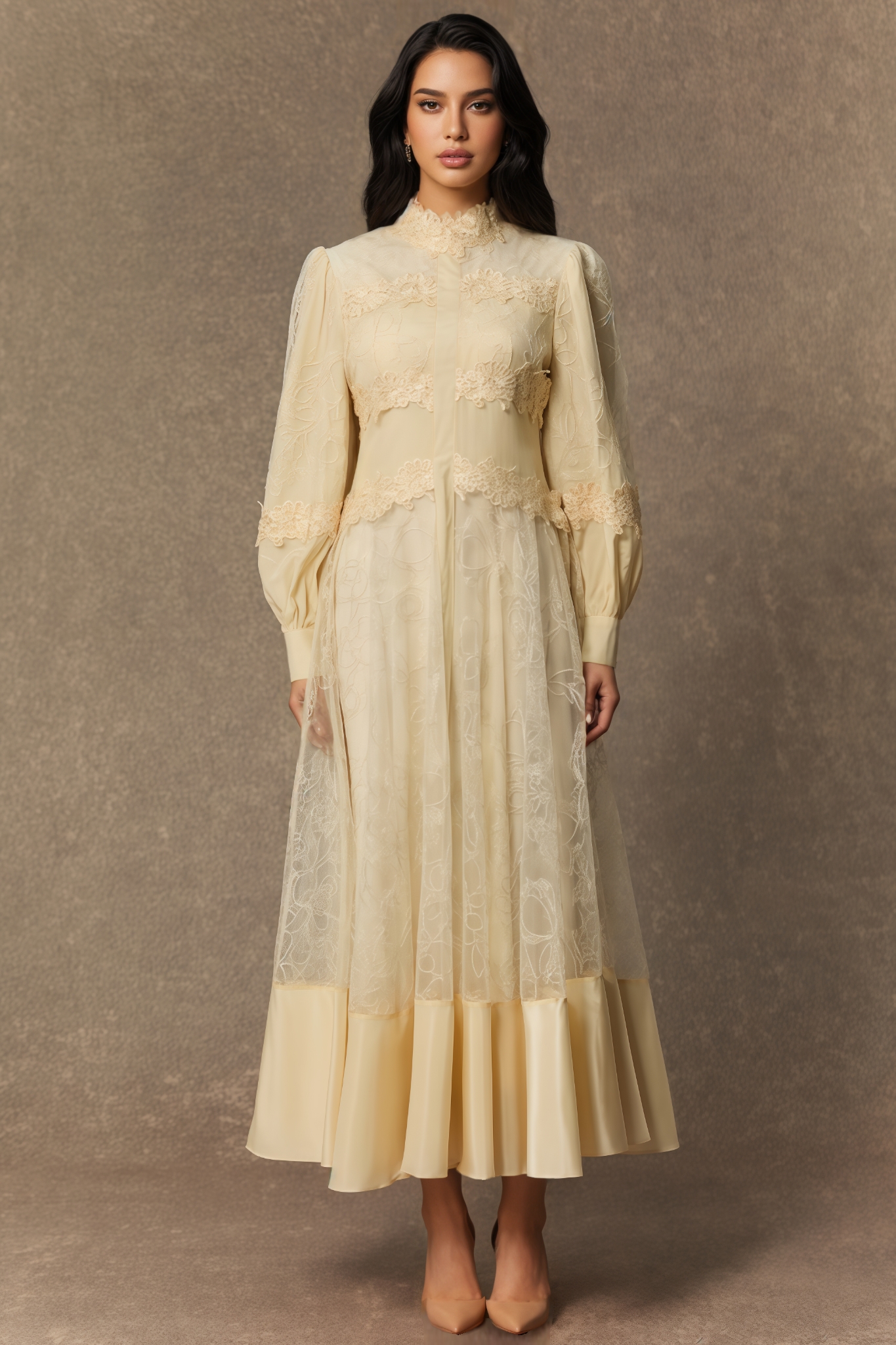 Murphy Beige Lace Embroidered Lantern Sleeve Maxi Dress