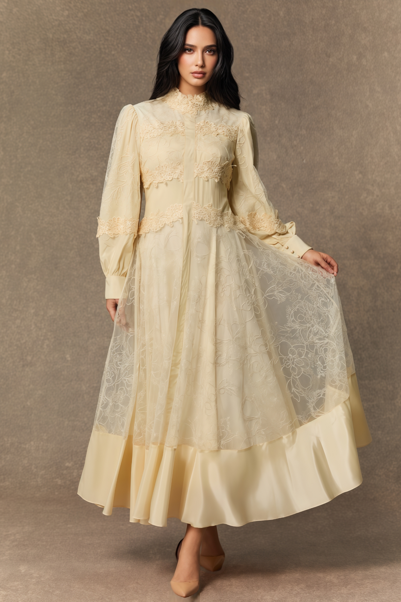 Murphy Beige Lace Embroidered Lantern Sleeve Maxi Dress