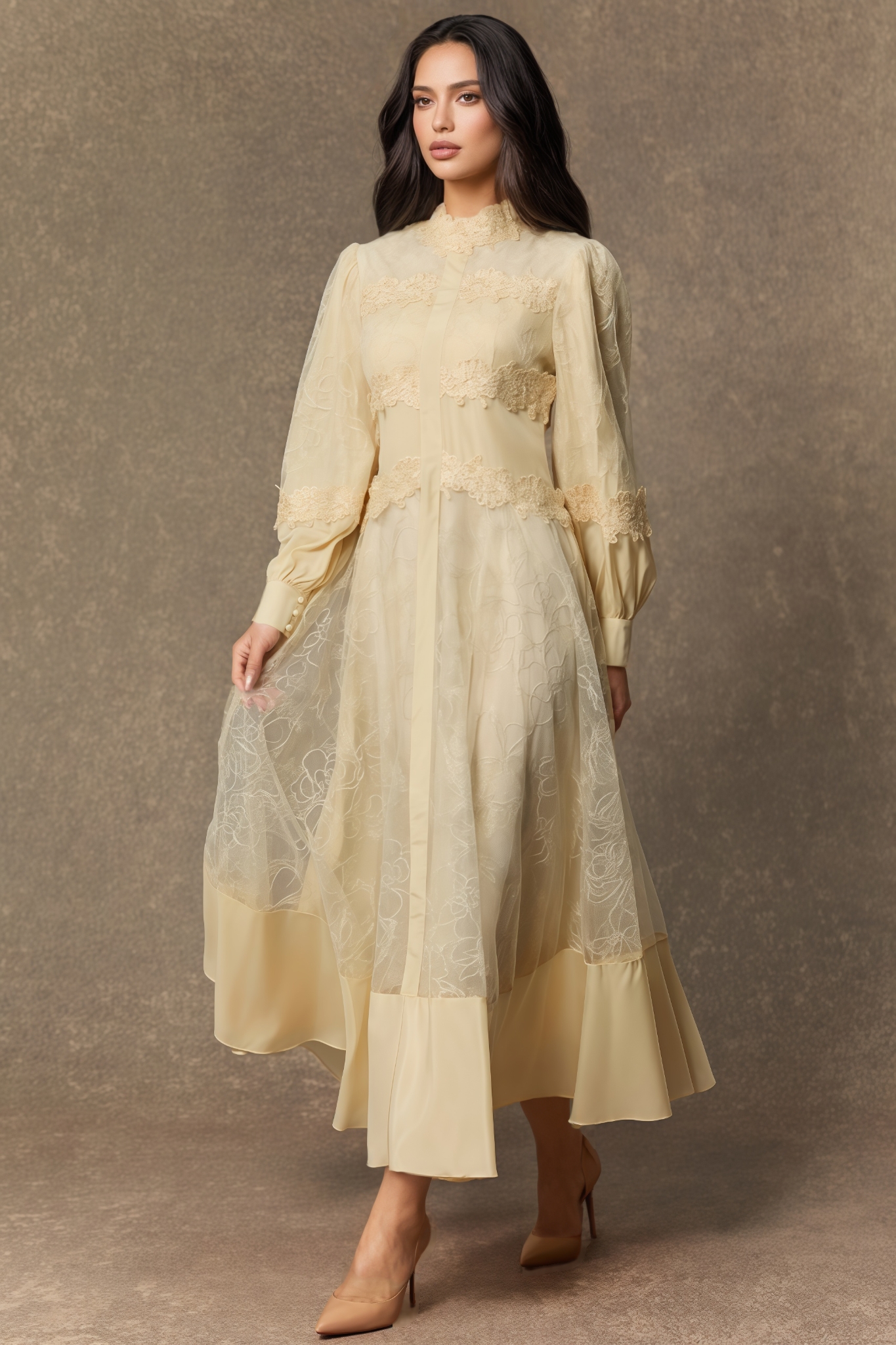 Murphy Beige Lace Embroidered Lantern Sleeve Maxi Dress