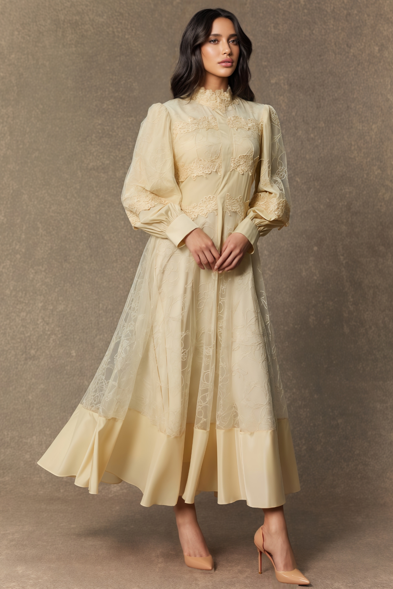 Murphy Beige Lace Embroidered Lantern Sleeve Maxi Dress