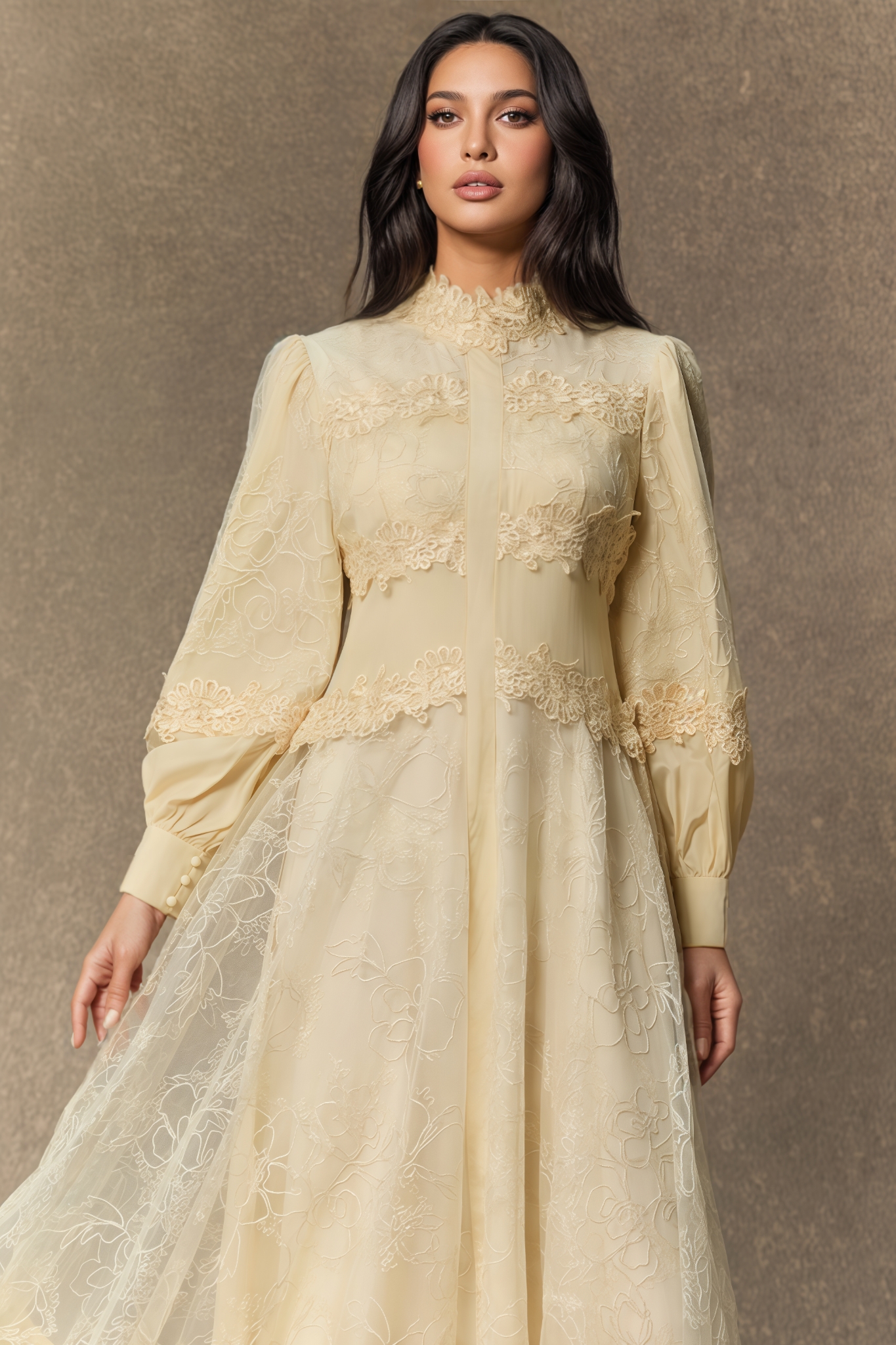 Murphy Beige Lace Embroidered Lantern Sleeve Maxi Dress