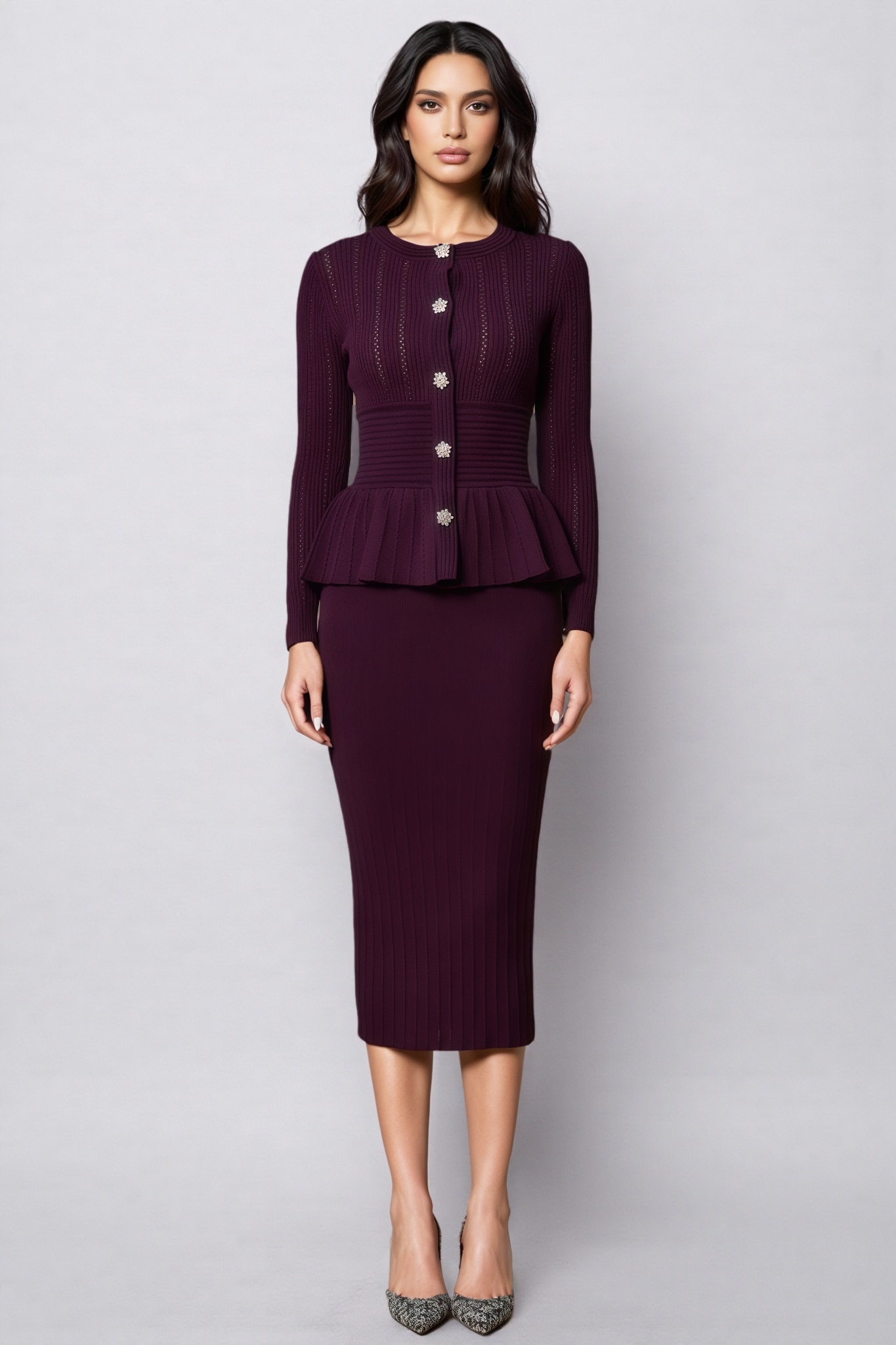Tavro Purple Openwork Ruffled Knit Midi Dress