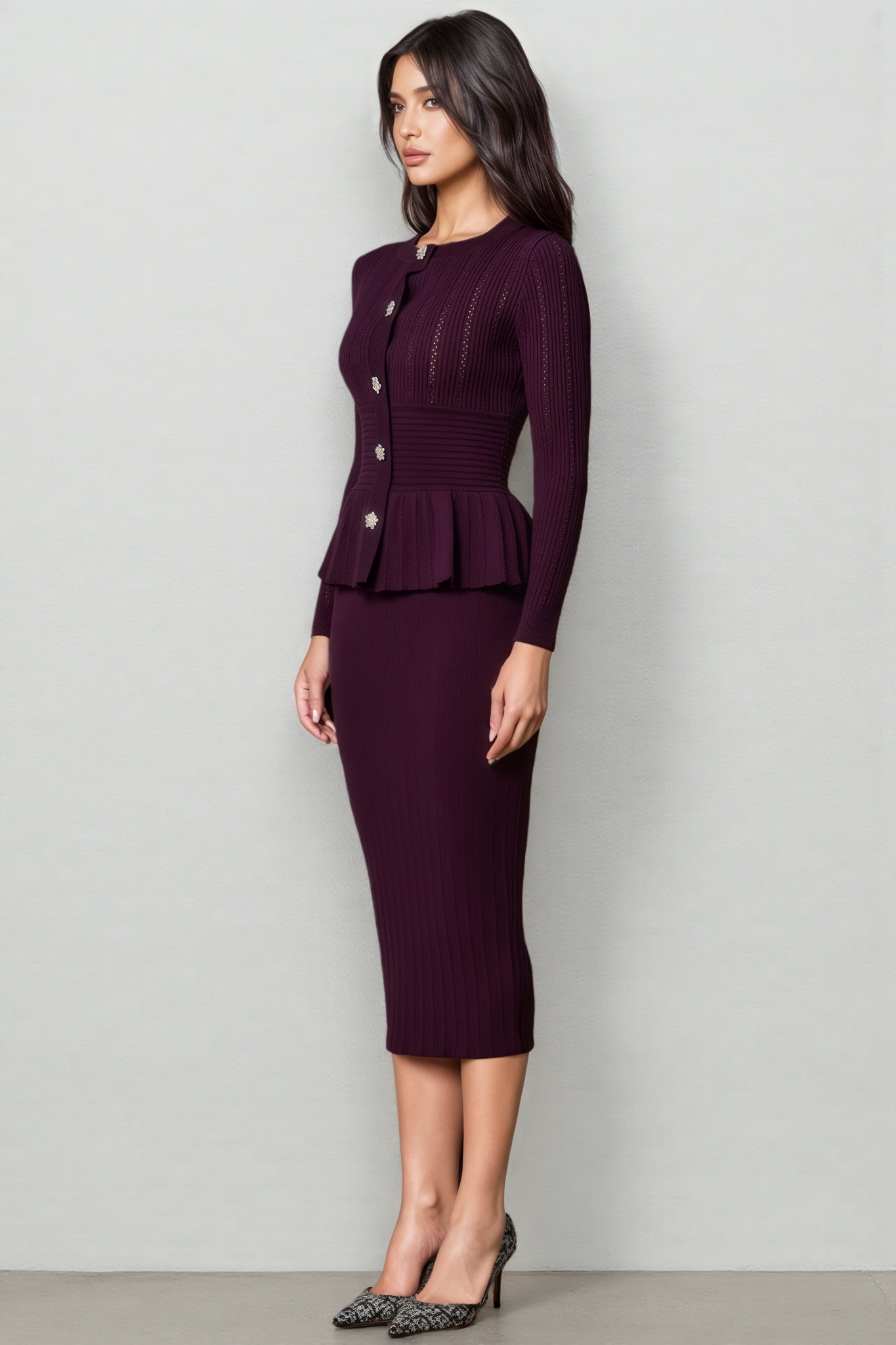 Tavro Purple Openwork Ruffled Knit Midi Dress