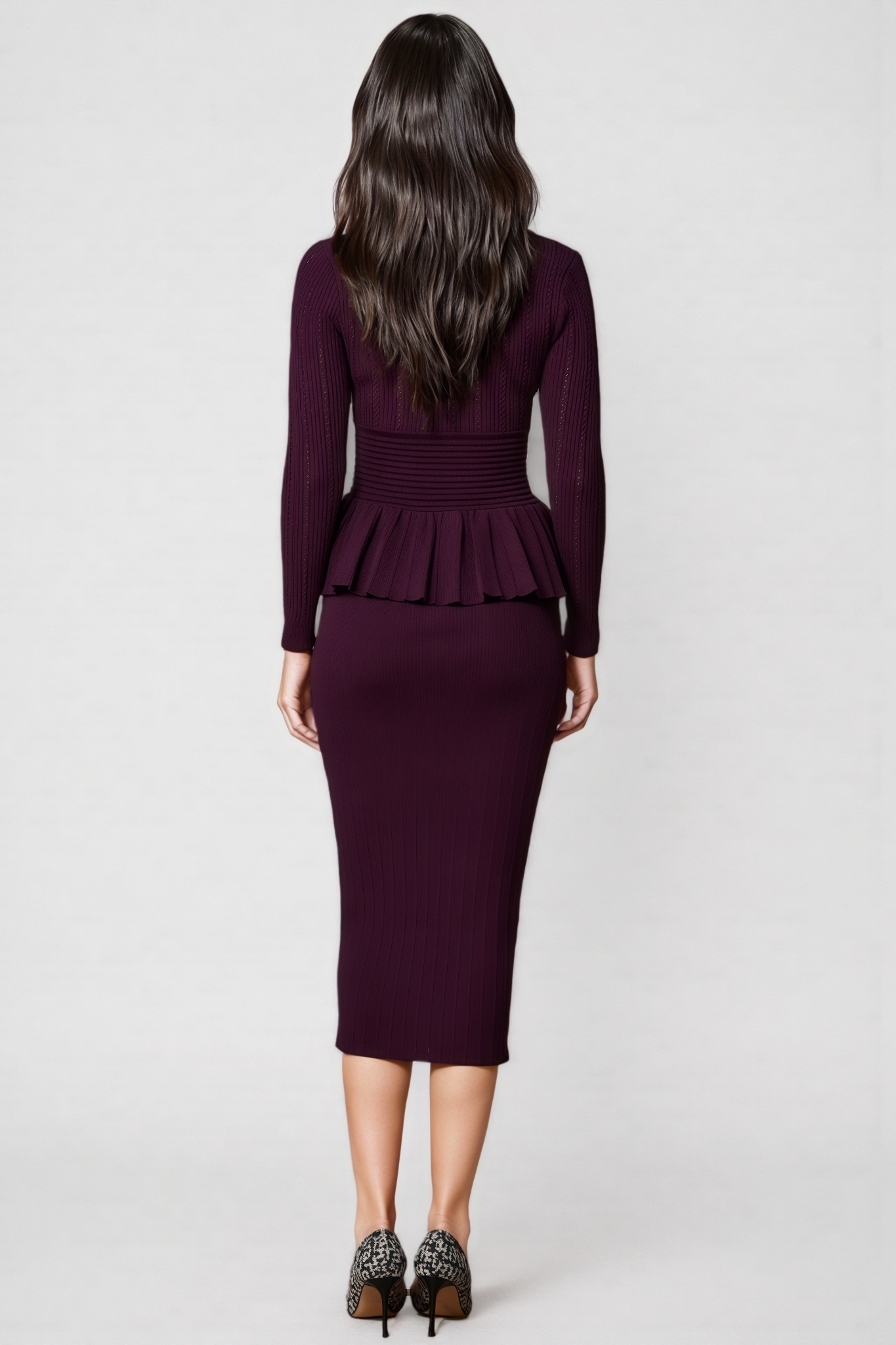 Tavro Purple Openwork Ruffled Knit Midi Dress