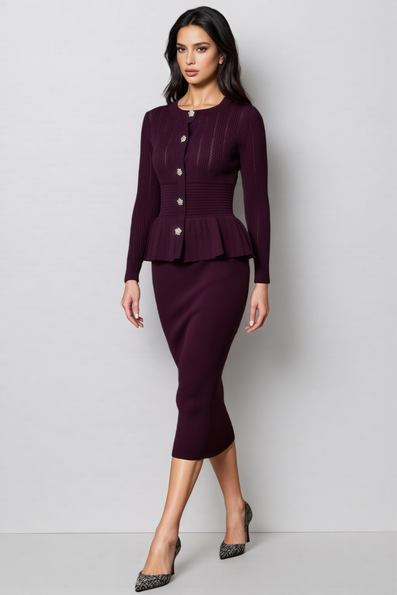 Tavro Purple Openwork Ruffled Knit Midi Dress