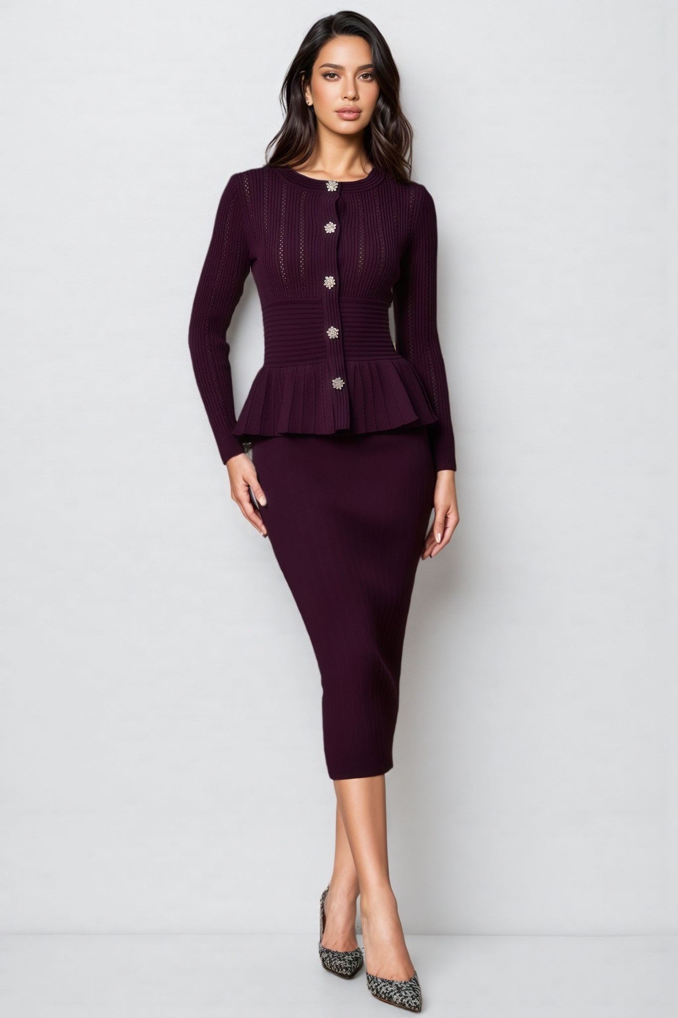 Tavro Purple Openwork Ruffled Knit Midi Dress