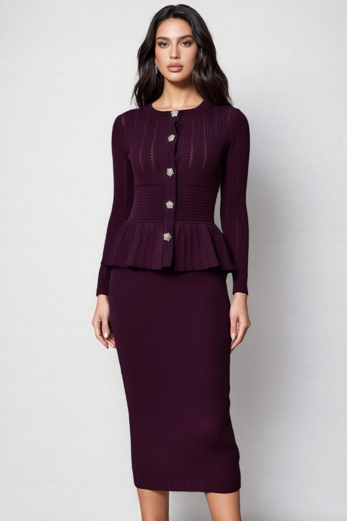 Tavro Purple Openwork Ruffled Knit Midi Dress
