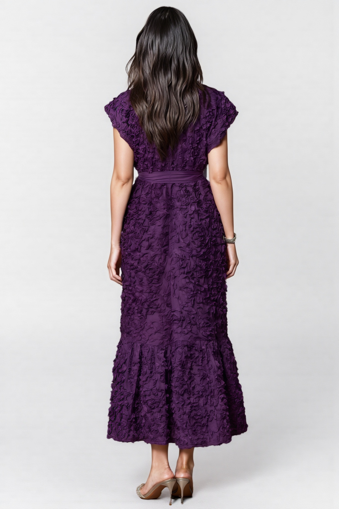 Lokama Purple Floral Embroidered Cap Sleeve Midi Dress