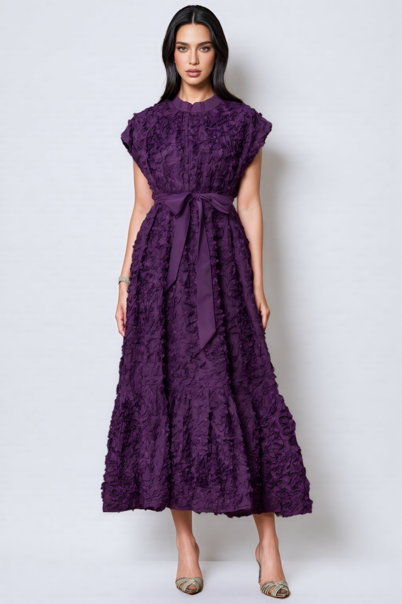 Lokama Purple Floral Embroidered Cap Sleeve Midi Dress