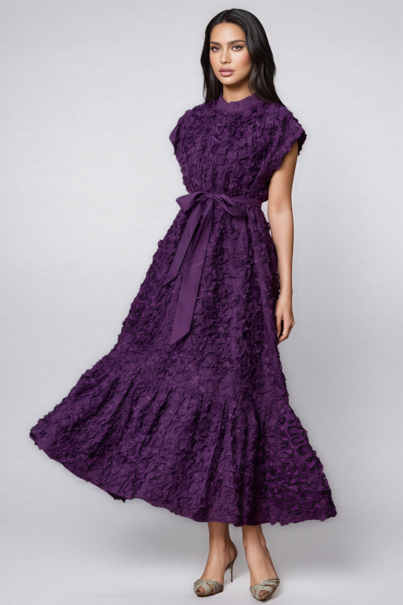 Lokama Purple Floral Embroidered Cap Sleeve Midi Dress