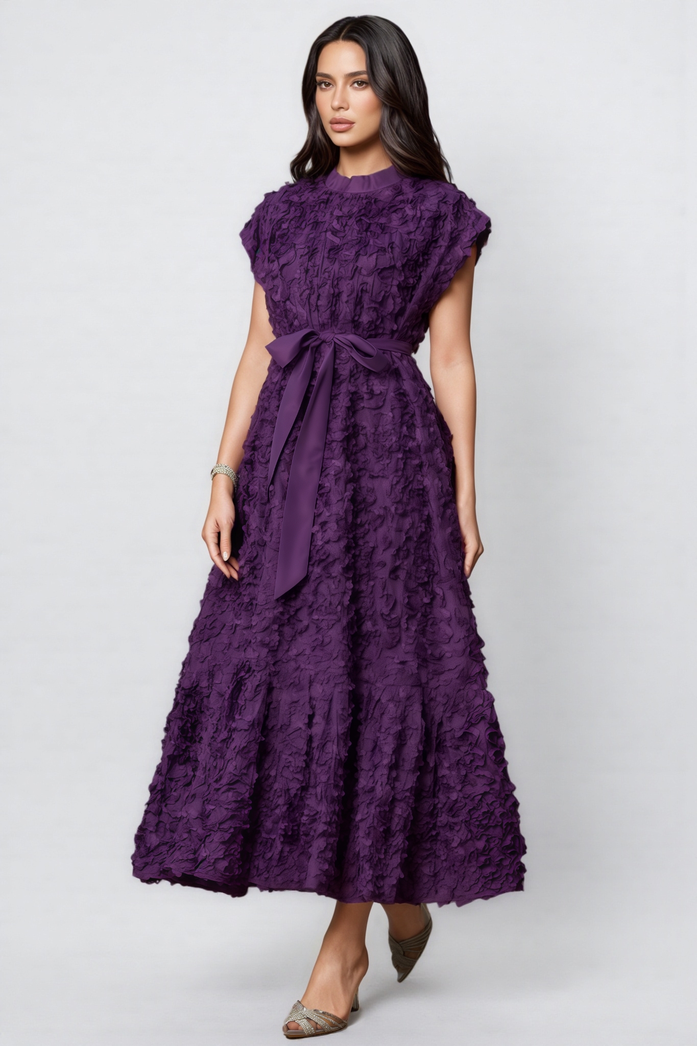 Lokama Purple Floral Embroidered Cap Sleeve Midi Dress