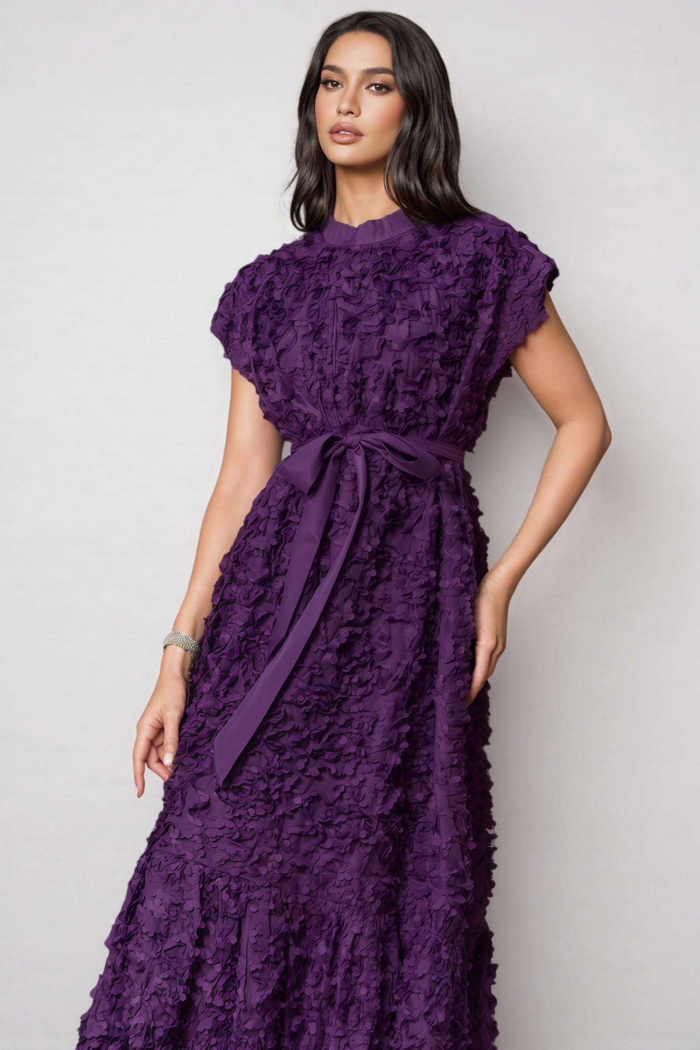 Lokama Purple Floral Embroidered Cap Sleeve Midi Dress