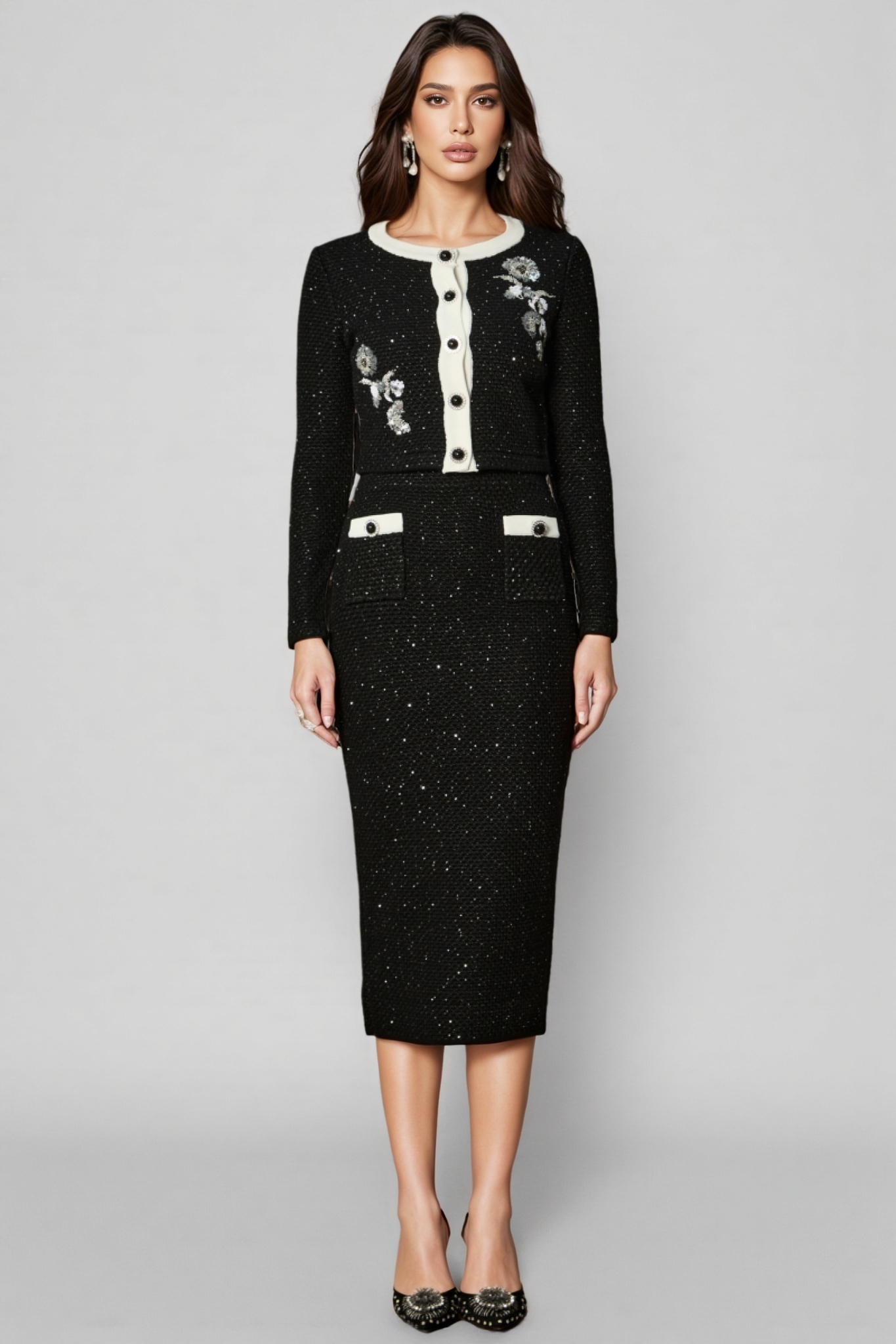 Caelthar Black Floral Embroidered Midi Dress Set