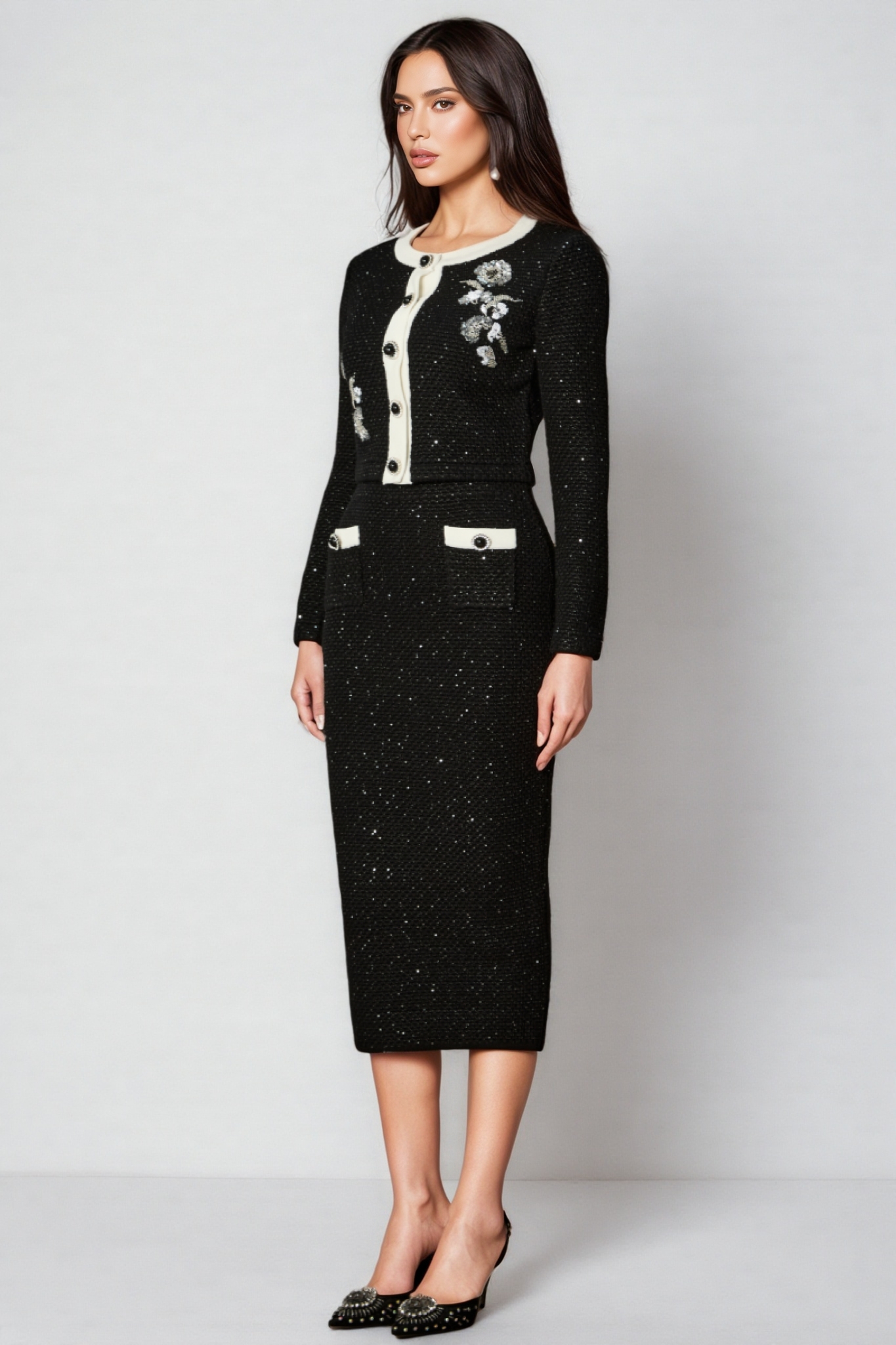 Caelthar Black Floral Embroidered Midi Dress Set