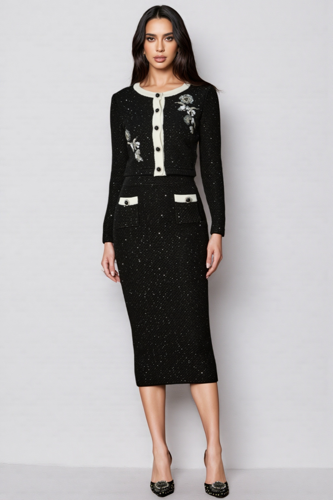 Caelthar Black Floral Embroidered Midi Dress Set