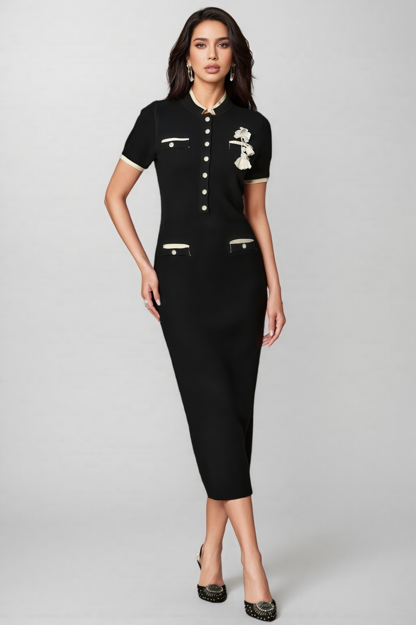 Vyntor Black Trim Floral Applique Midi Dress