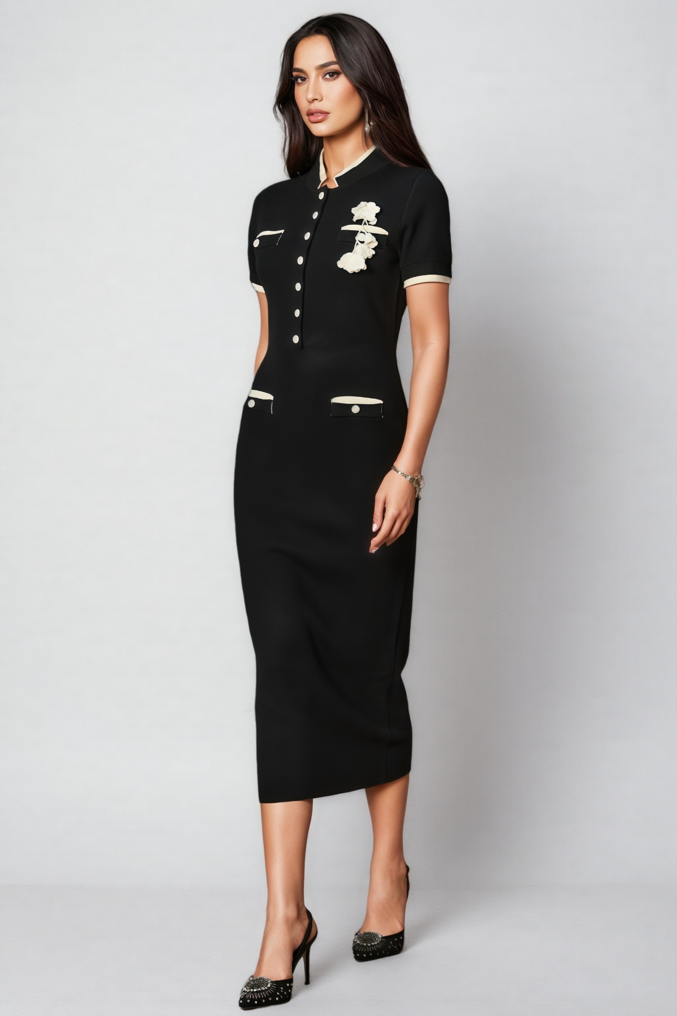 Vyntor Black Trim Floral Applique Midi Dress