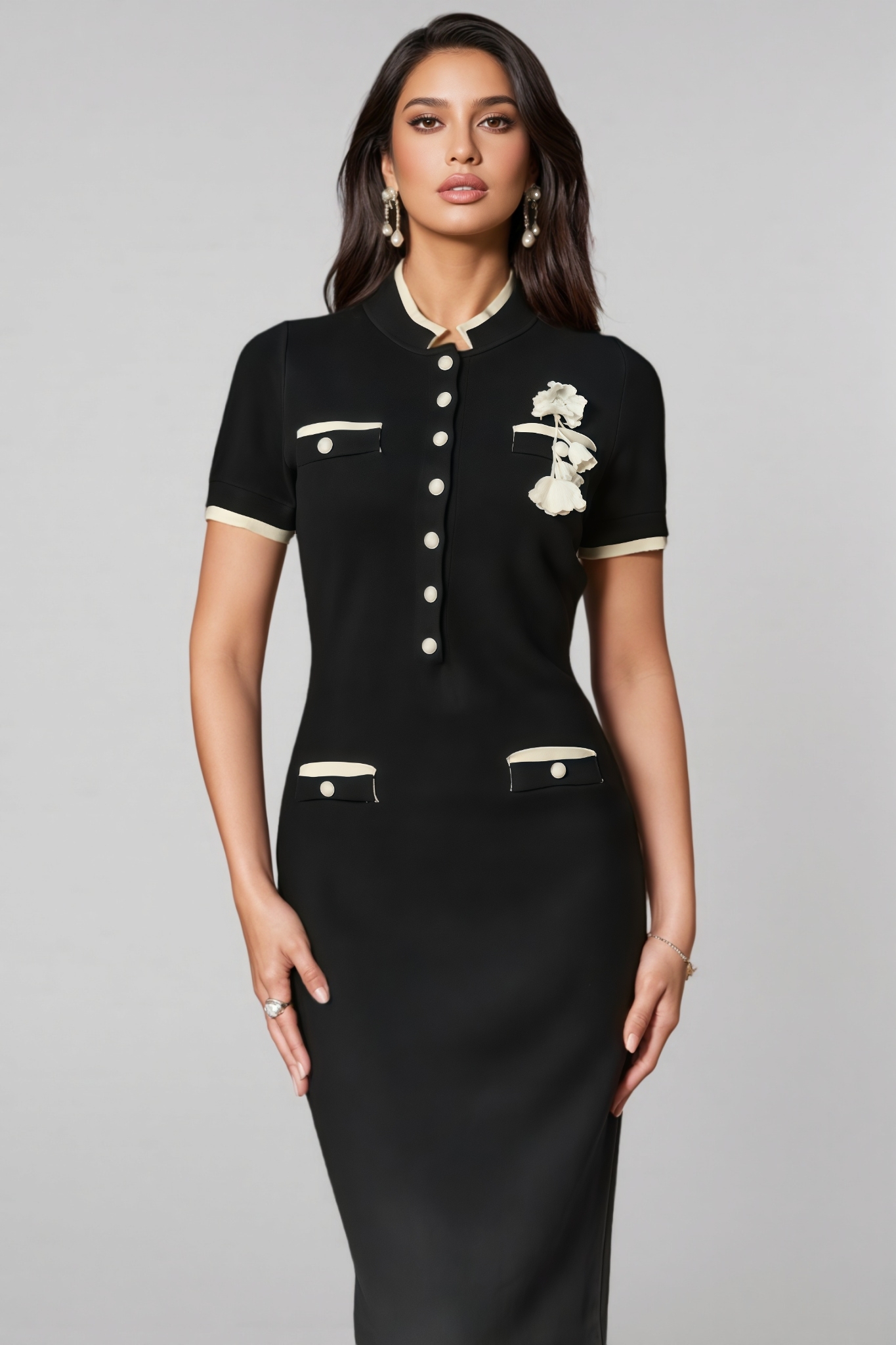 Vyntor Black Trim Floral Applique Midi Dress