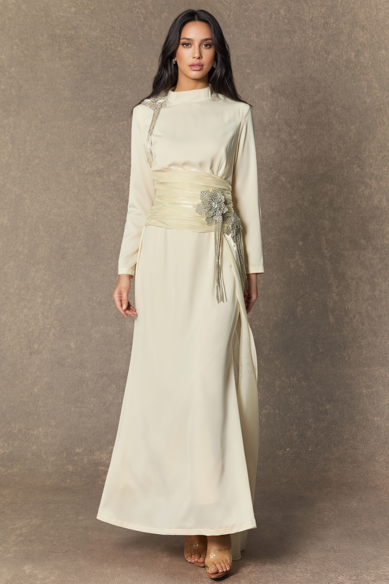 Robin White Diamond Embellished Floral Maxi Dress