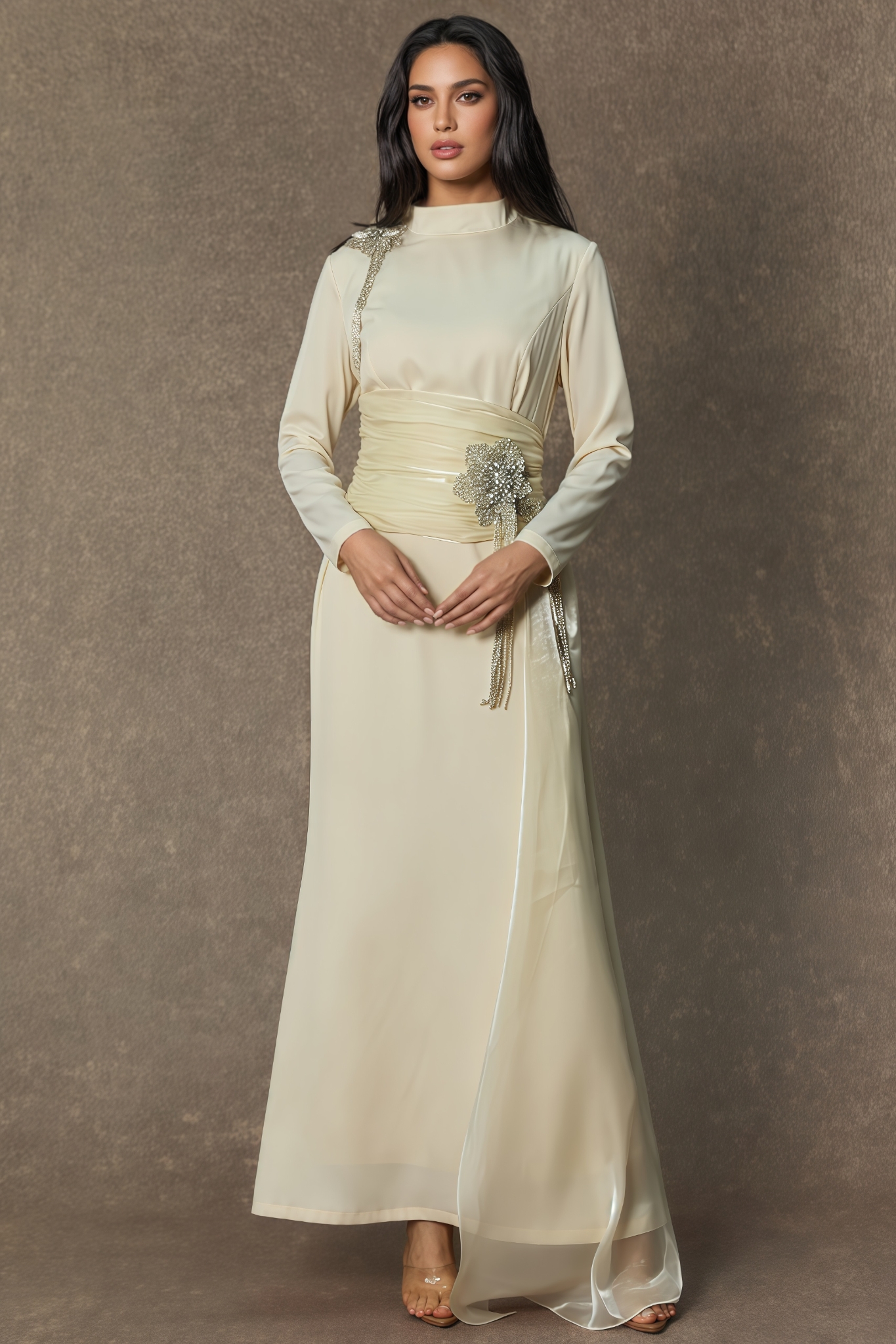 Robin White Diamond Embellished Floral Maxi Dress