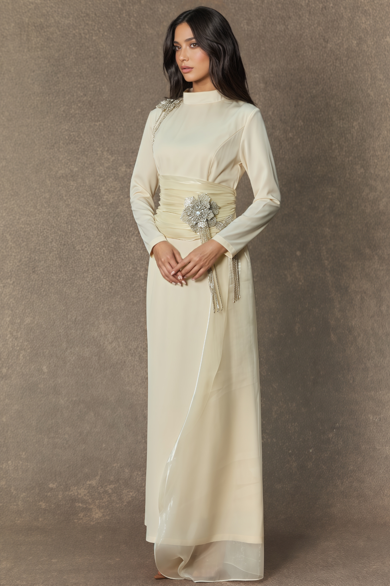 Robin White Diamond Embellished Floral Maxi Dress