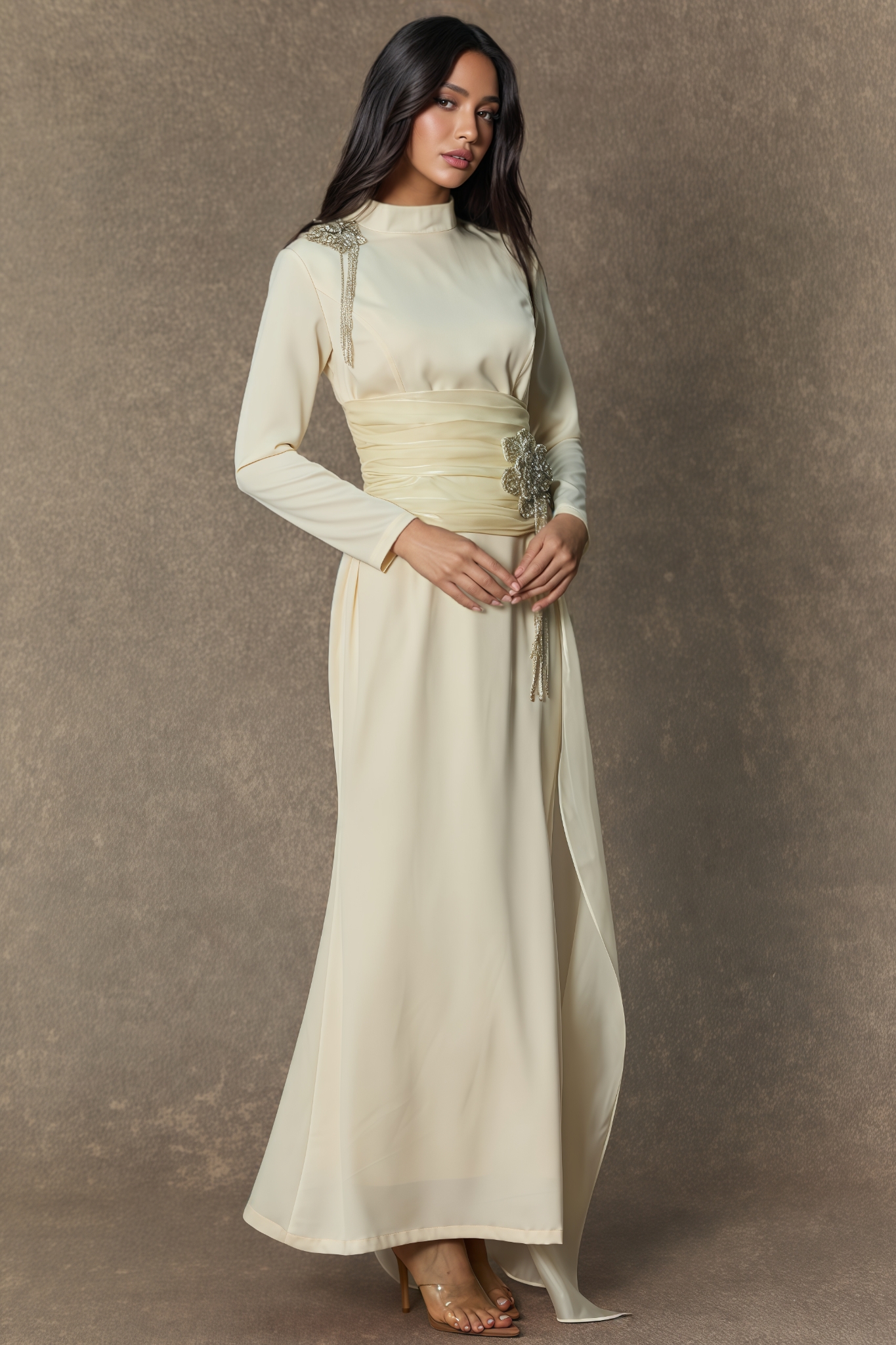 Robin White Diamond Embellished Floral Maxi Dress