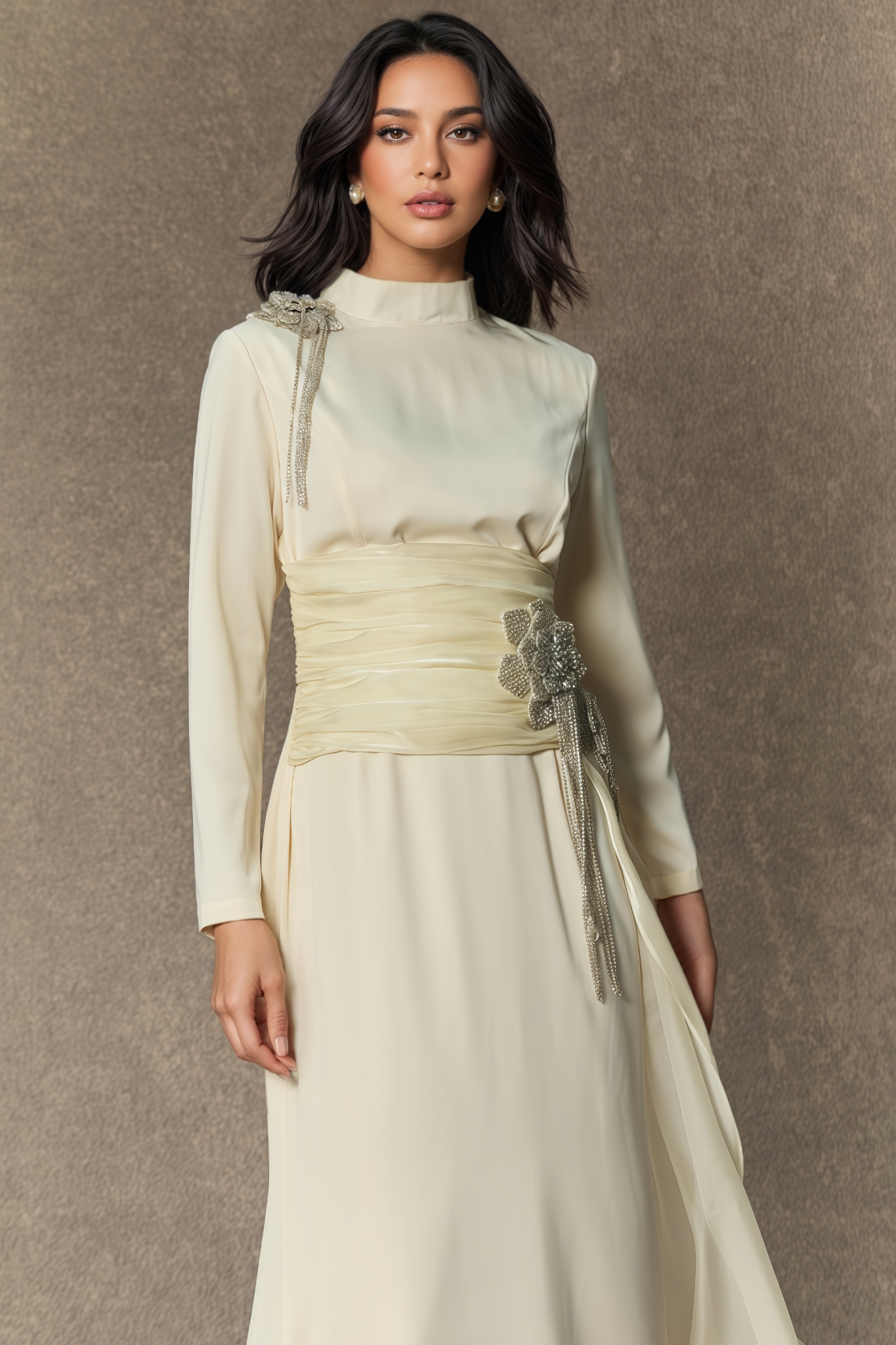 Robin White Diamond Embellished Floral Maxi Dress