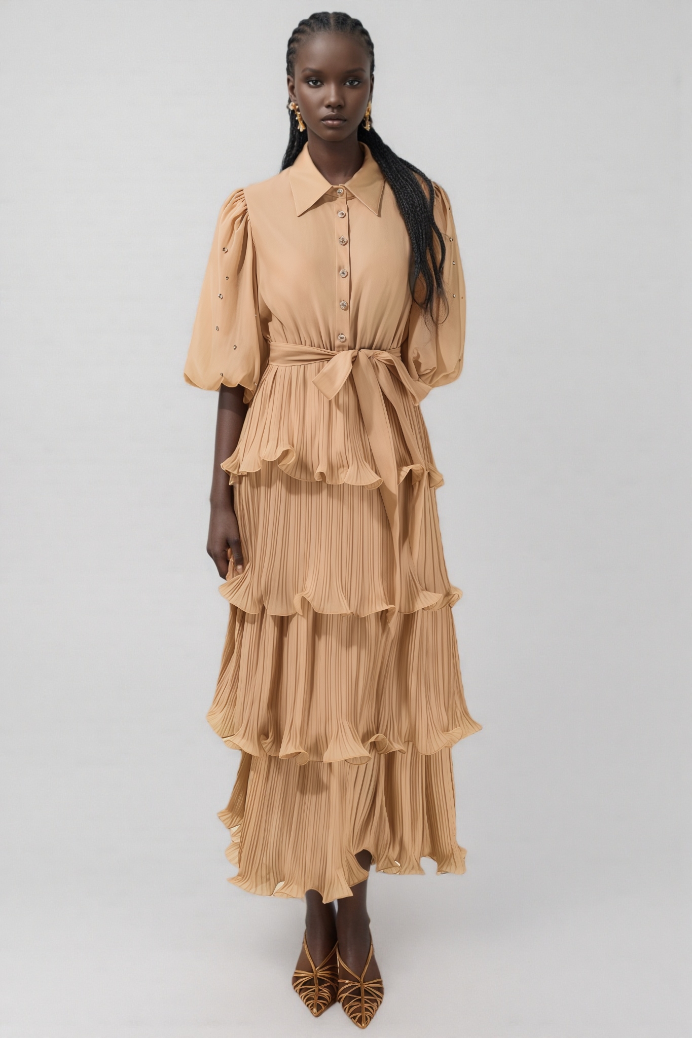 Thavi Pleated Rhinestone Midi Dress