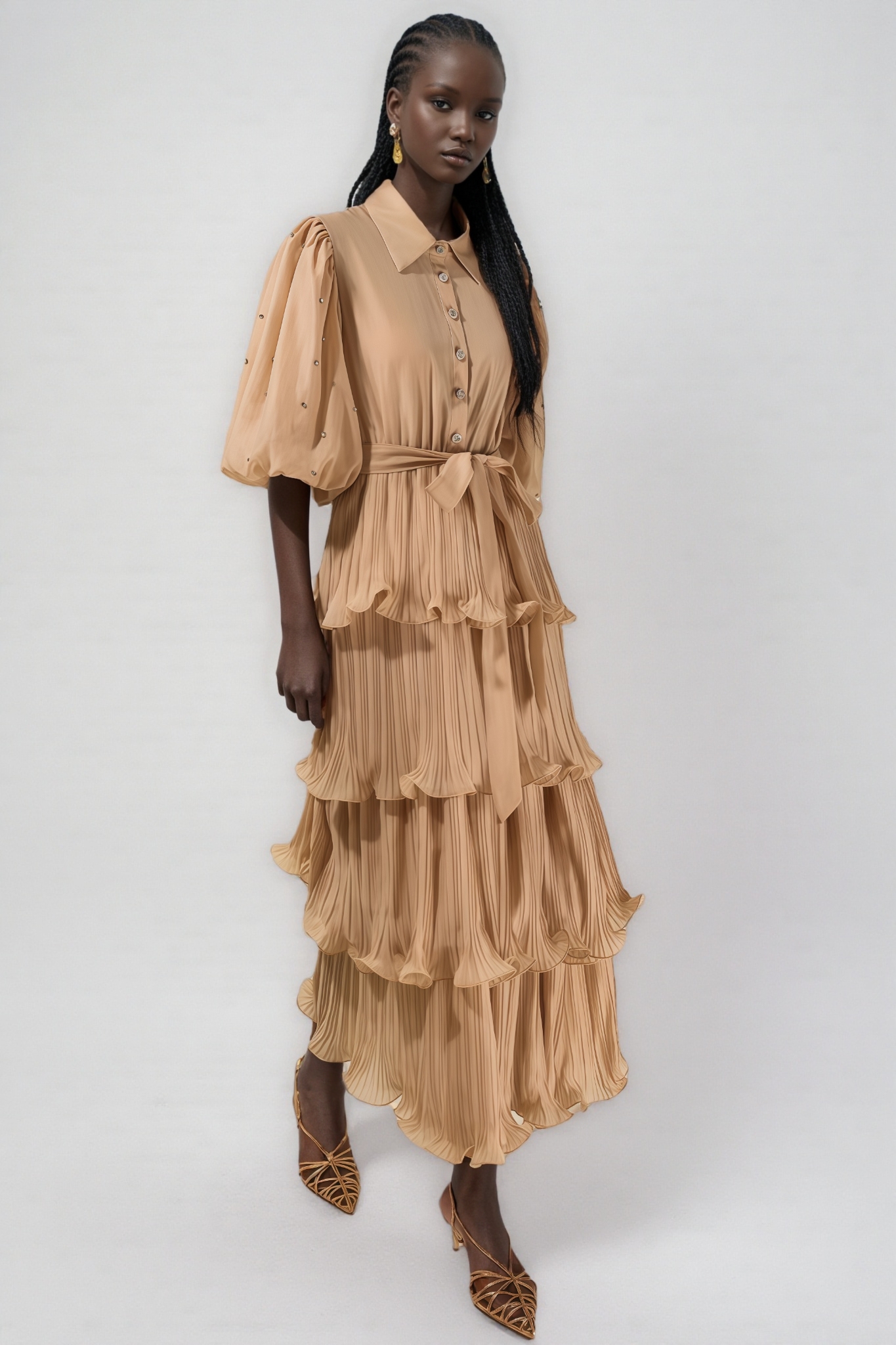 Thavi Pleated Rhinestone Midi Dress