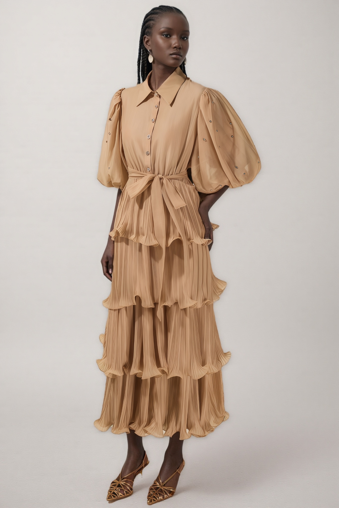 Thavi Pleated Rhinestone Midi Dress