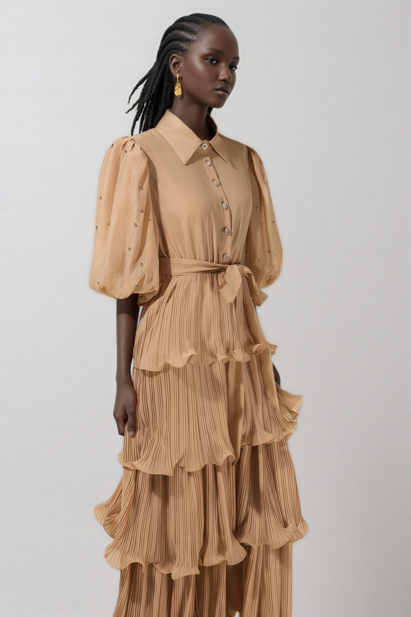 Thavi Pleated Rhinestone Midi Dress