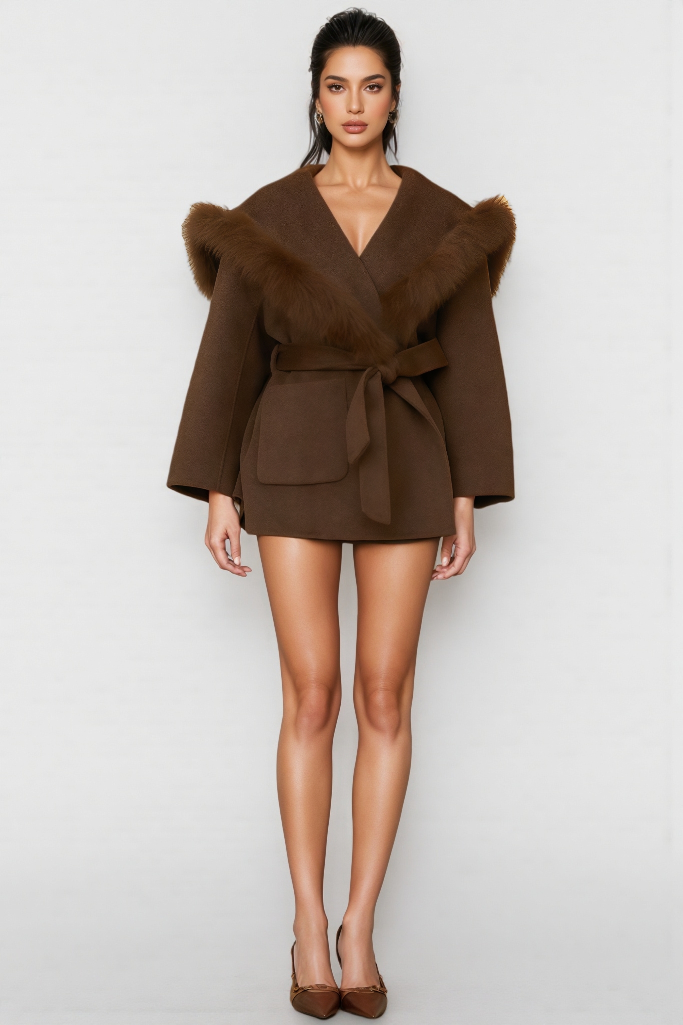 Pavin Brown Fur Trim Coat