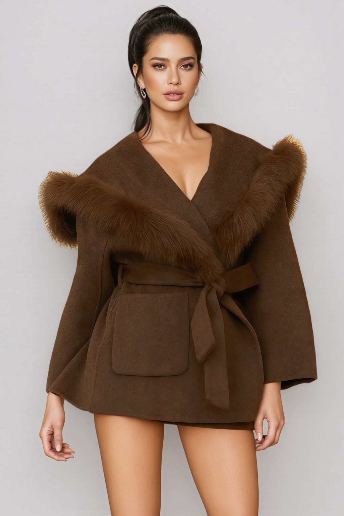 Pavin Brown Fur Trim Coat