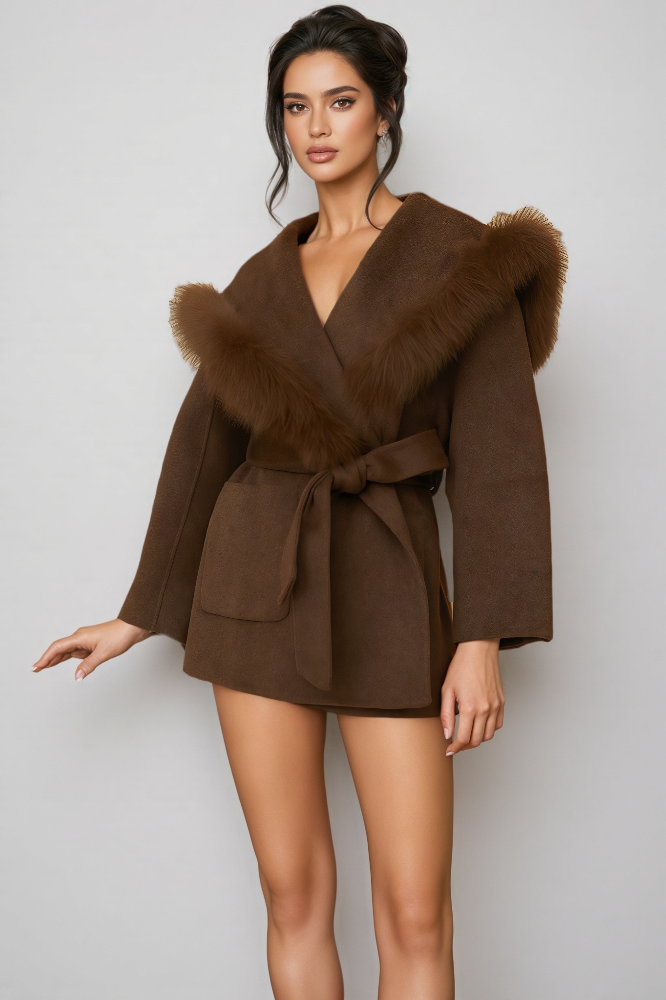 Pavin Brown Fur Trim Coat
