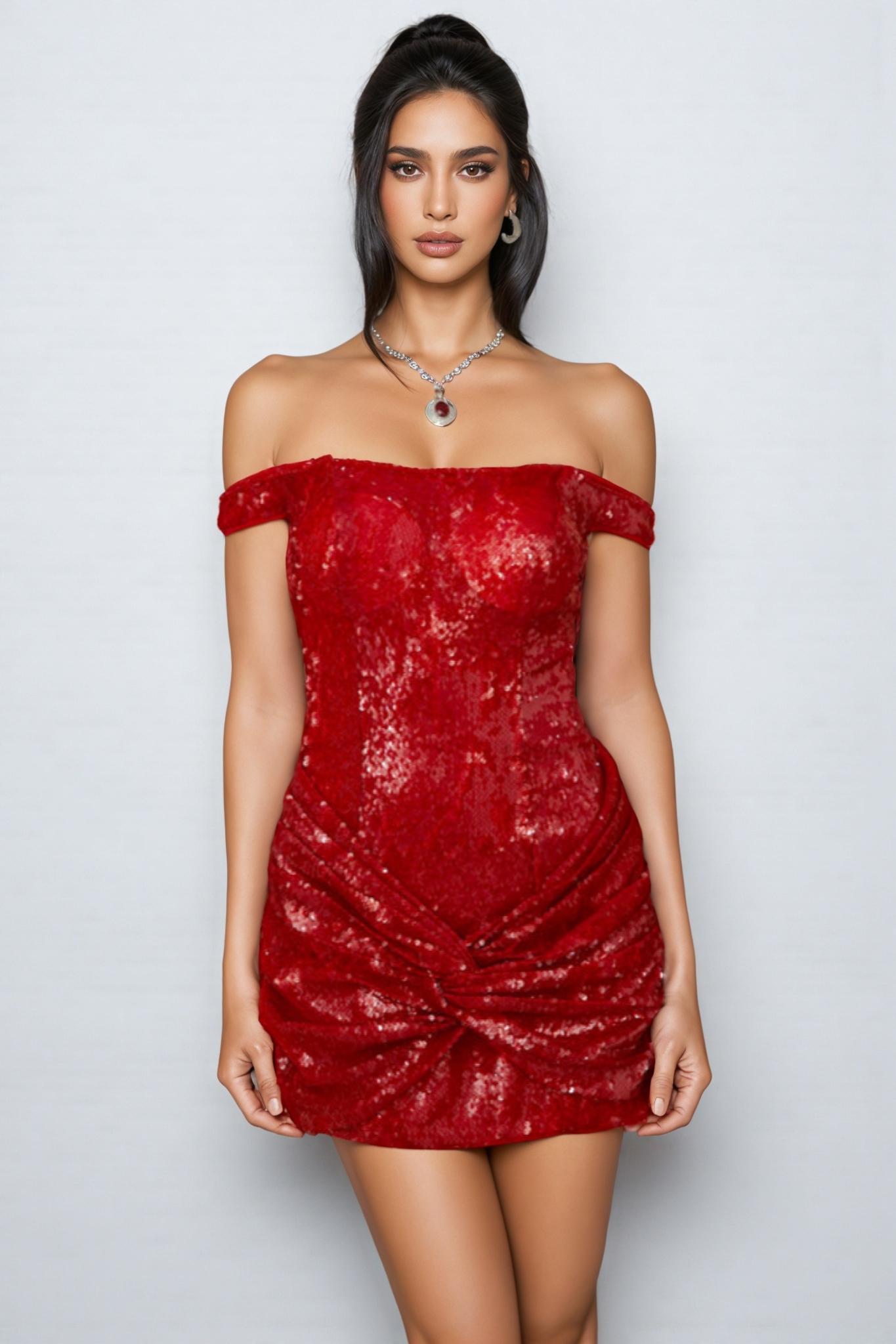 Kassy Red Twist Detail Sequined Mini Dress