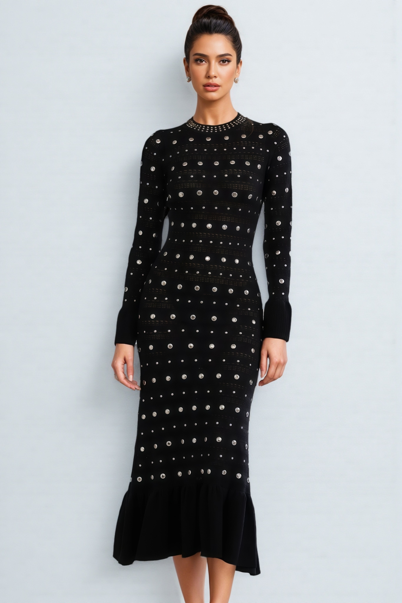 Manon Black Long Sleeve Studded Midi Dress
