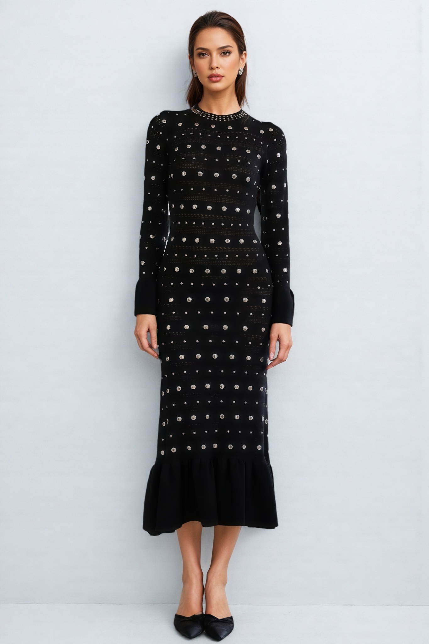 Manon Black Long Sleeve Studded Midi Dress