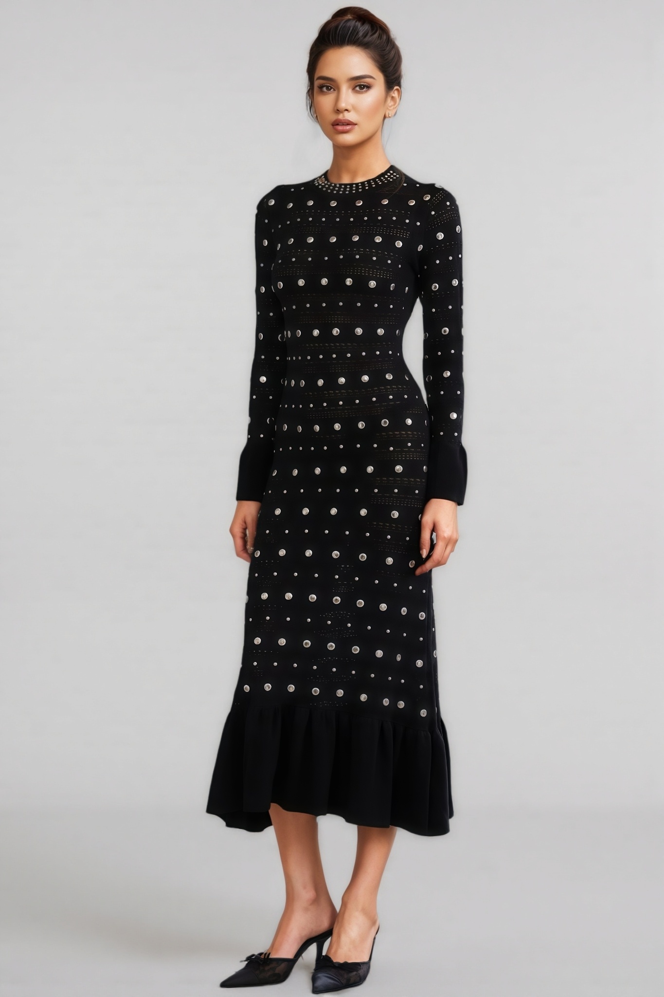 Manon Black Long Sleeve Studded Midi Dress