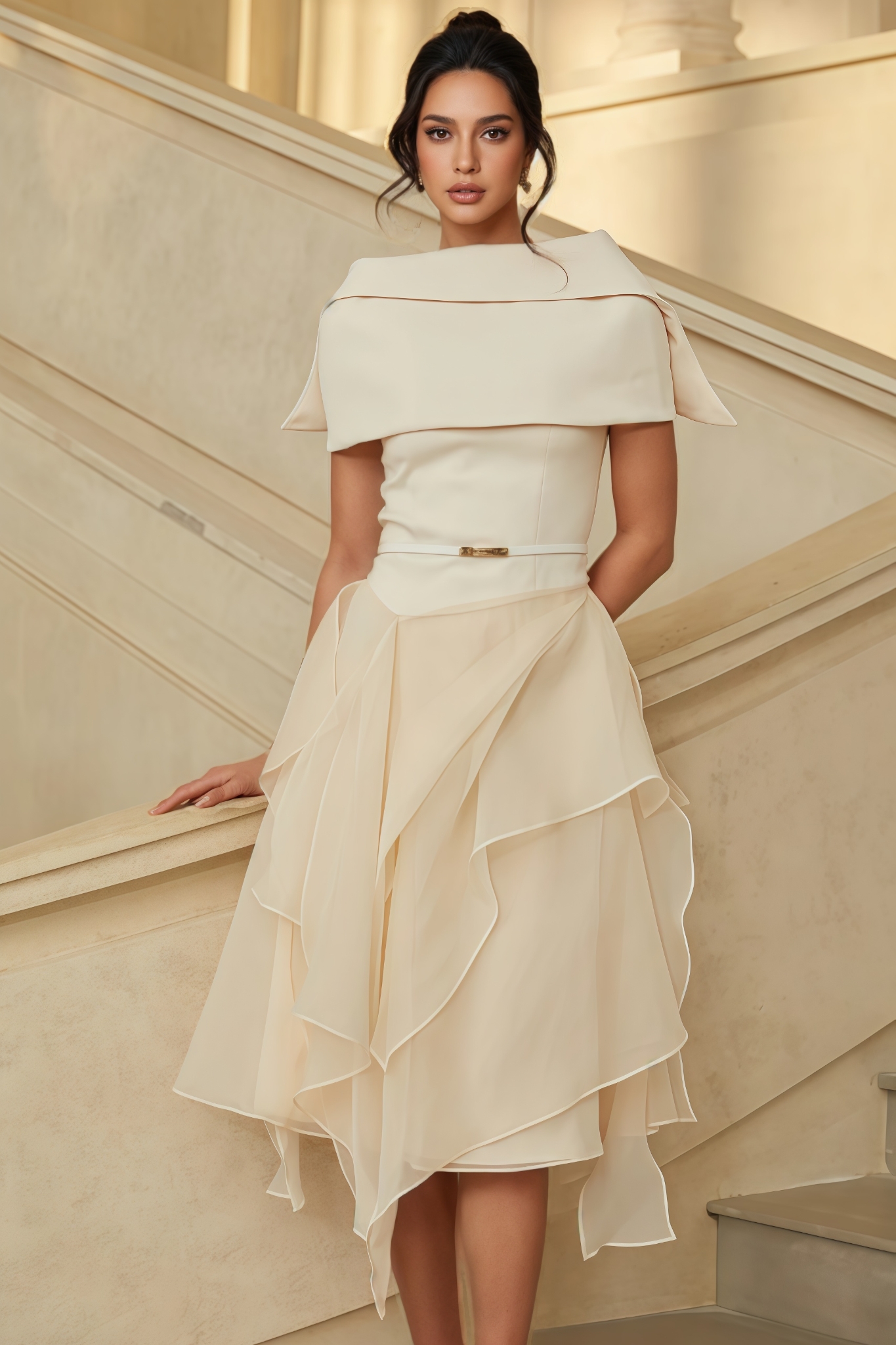 Fallon Asymmetrical Shawl Tulle Midi Dress Set