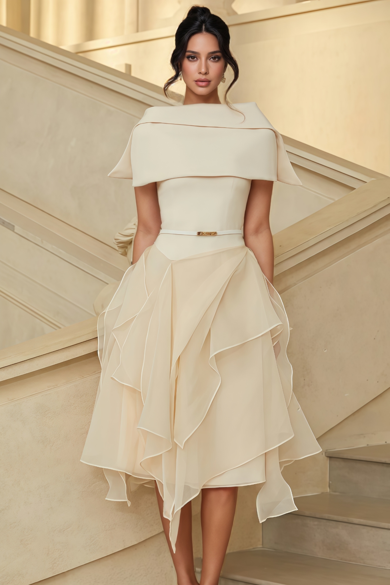 Fallon Asymmetrical Shawl Tulle Midi Dress Set