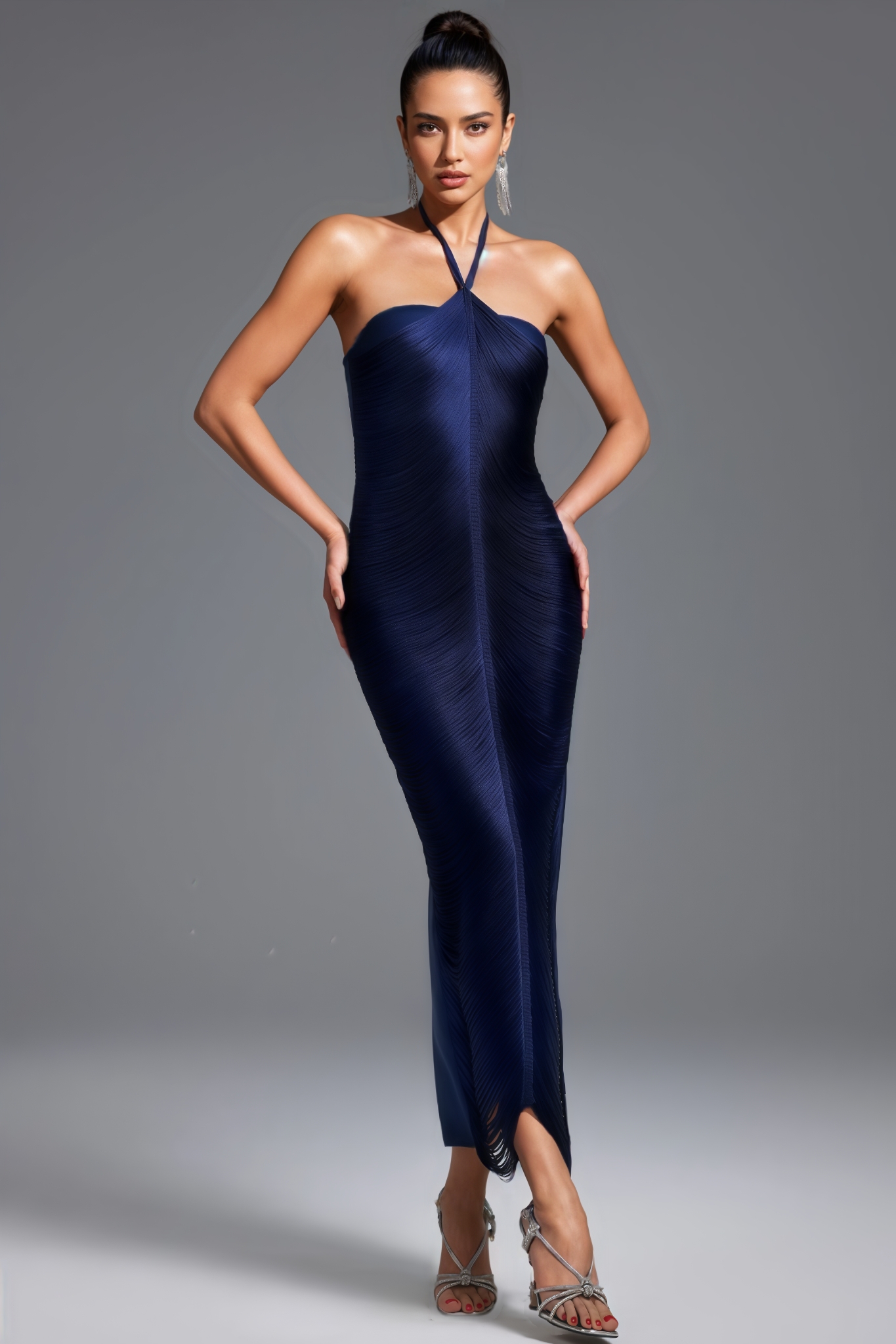 Vina Blue Halter Fringe Maxi Dress