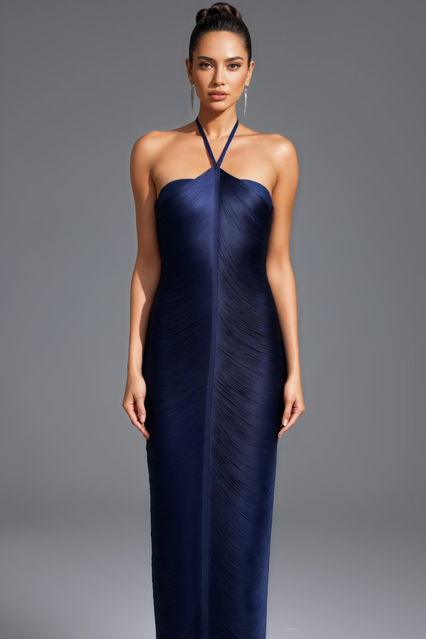 Vina Blue Halter Fringe Maxi Dress