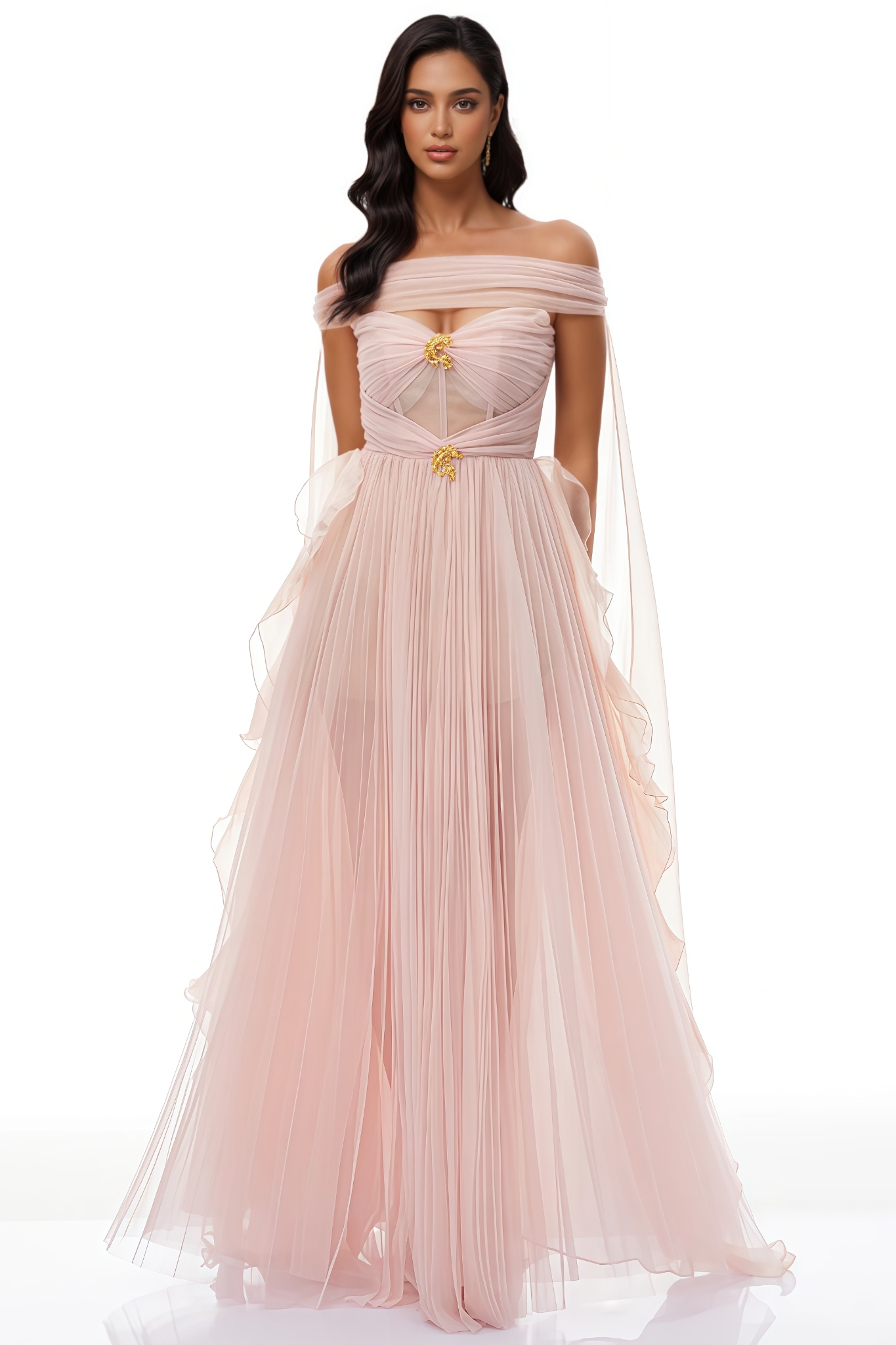 Xorin Pink Ribbon Detail Pleated Tulle Maxi Dress