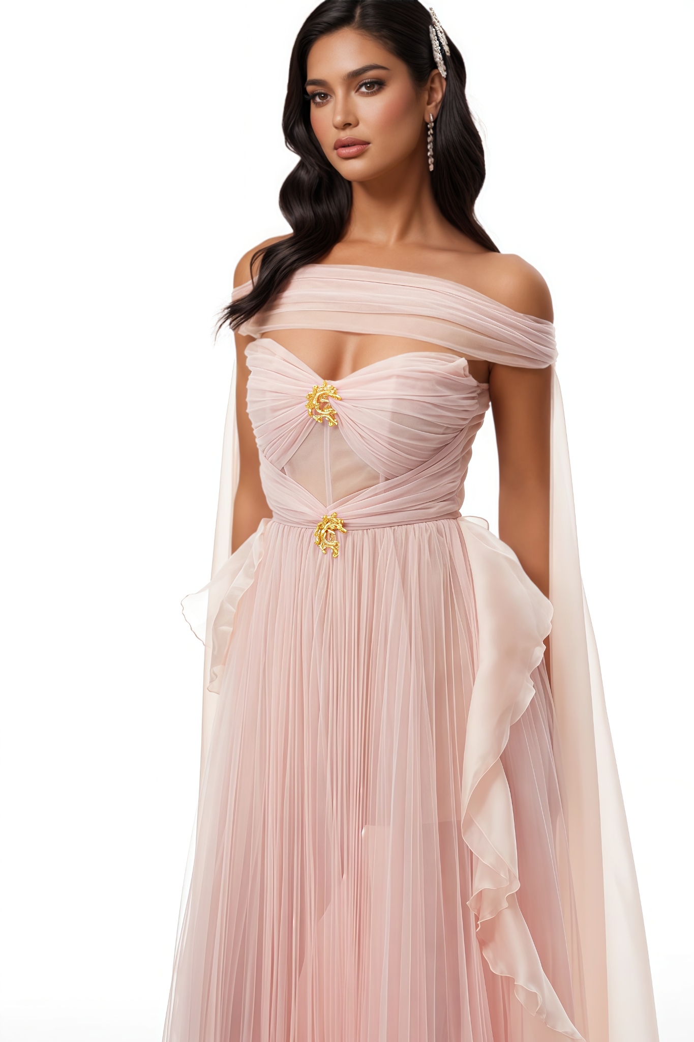 Xorin Pink Ribbon Detail Pleated Tulle Maxi Dress