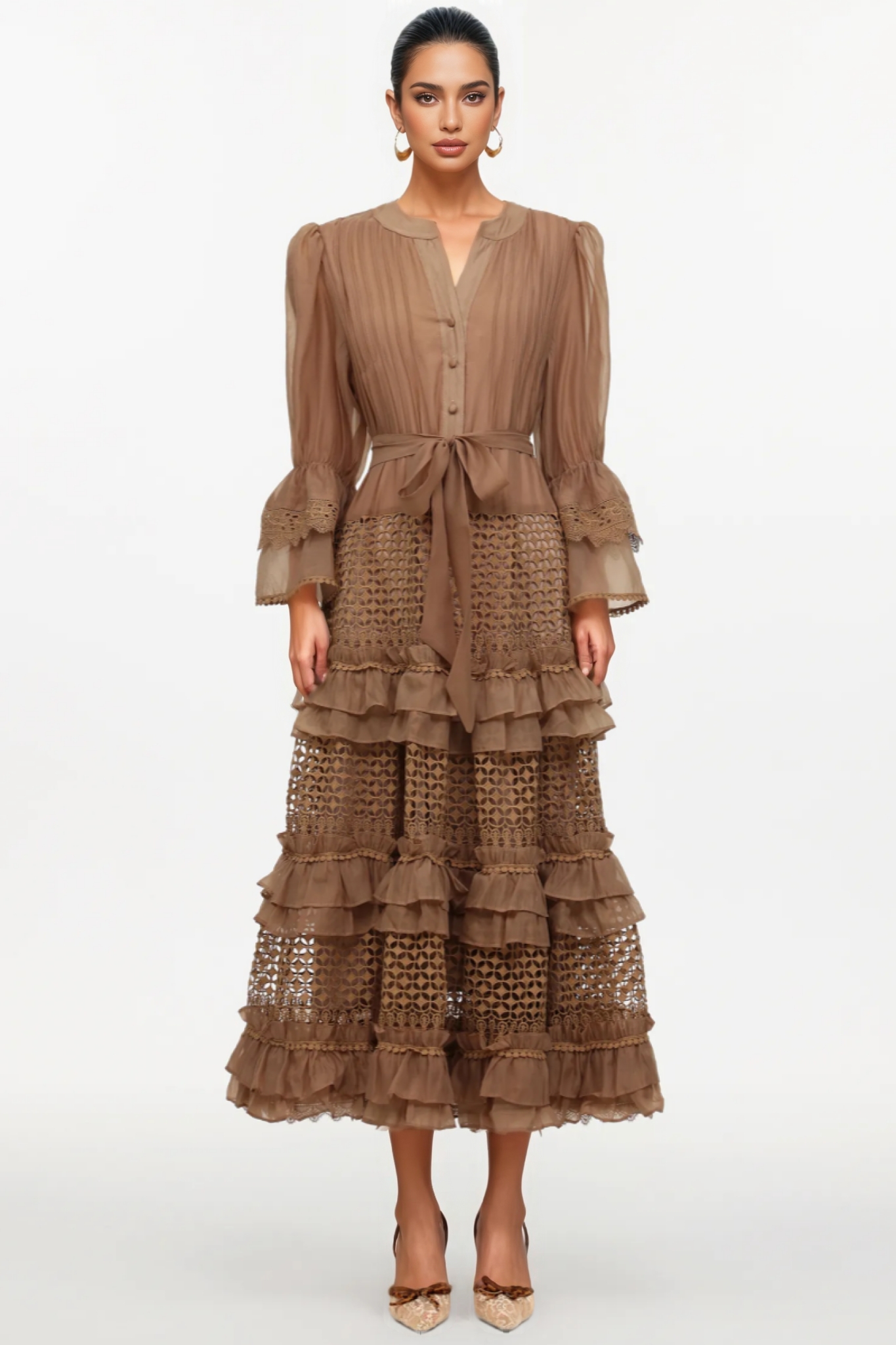 Thomas Long Sleeve Falbala Lace Woven Maxi Dress