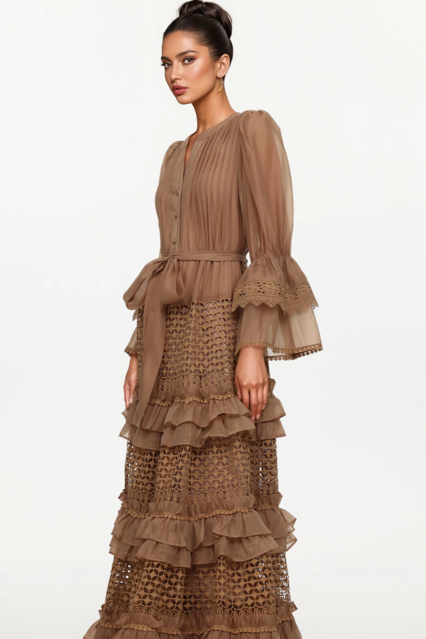 Thomas Long Sleeve Falbala Lace Woven Maxi Dress