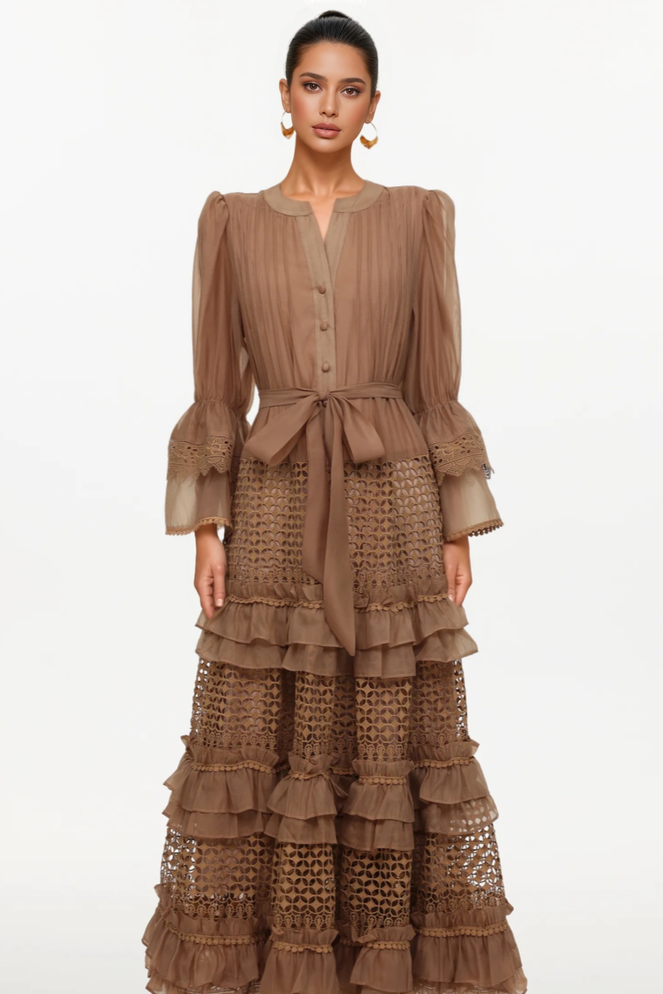 Thomas Long Sleeve Falbala Lace Woven Maxi Dress