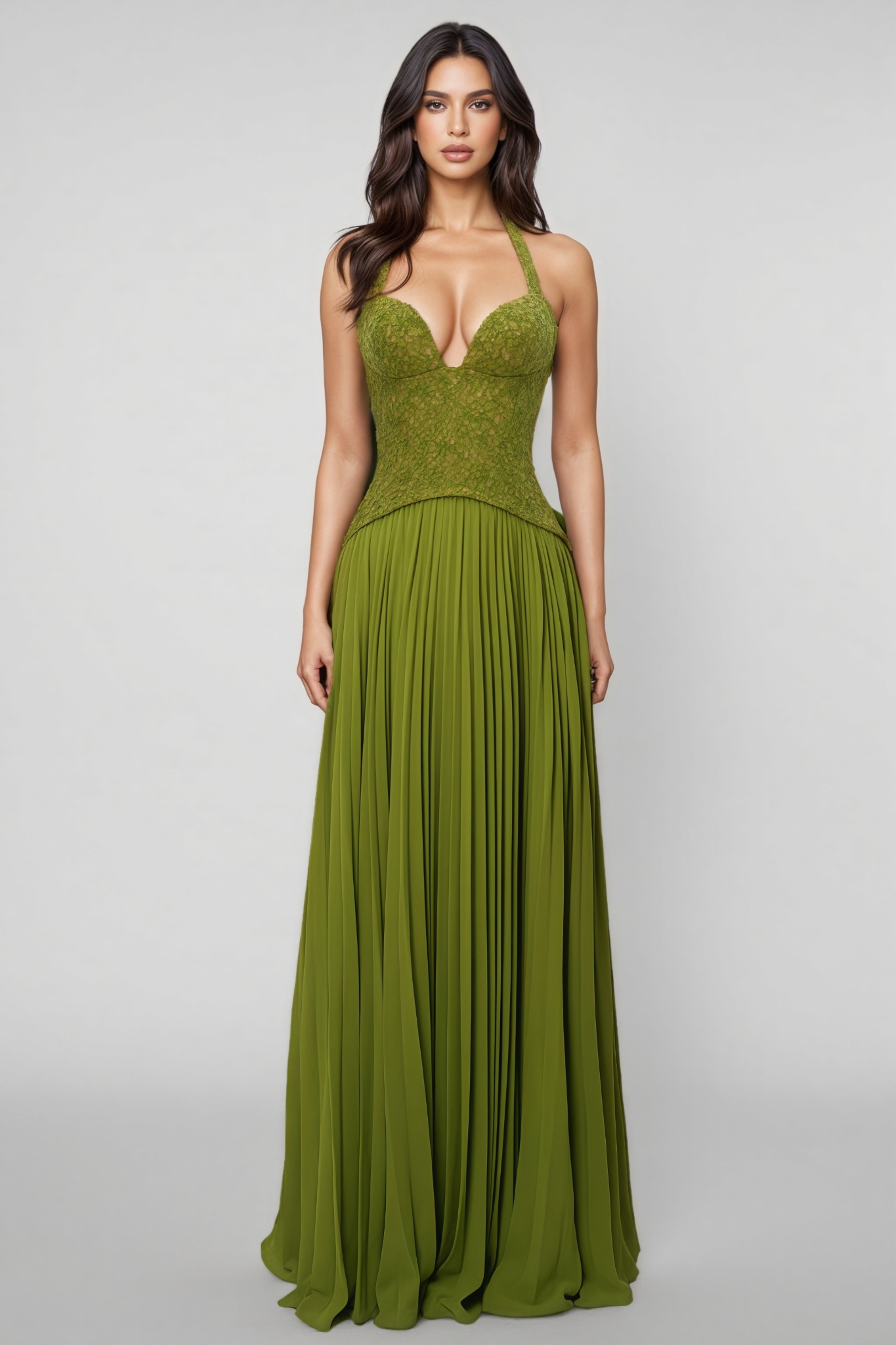 Julera Green Sleeveless Pleated Maxi Dress