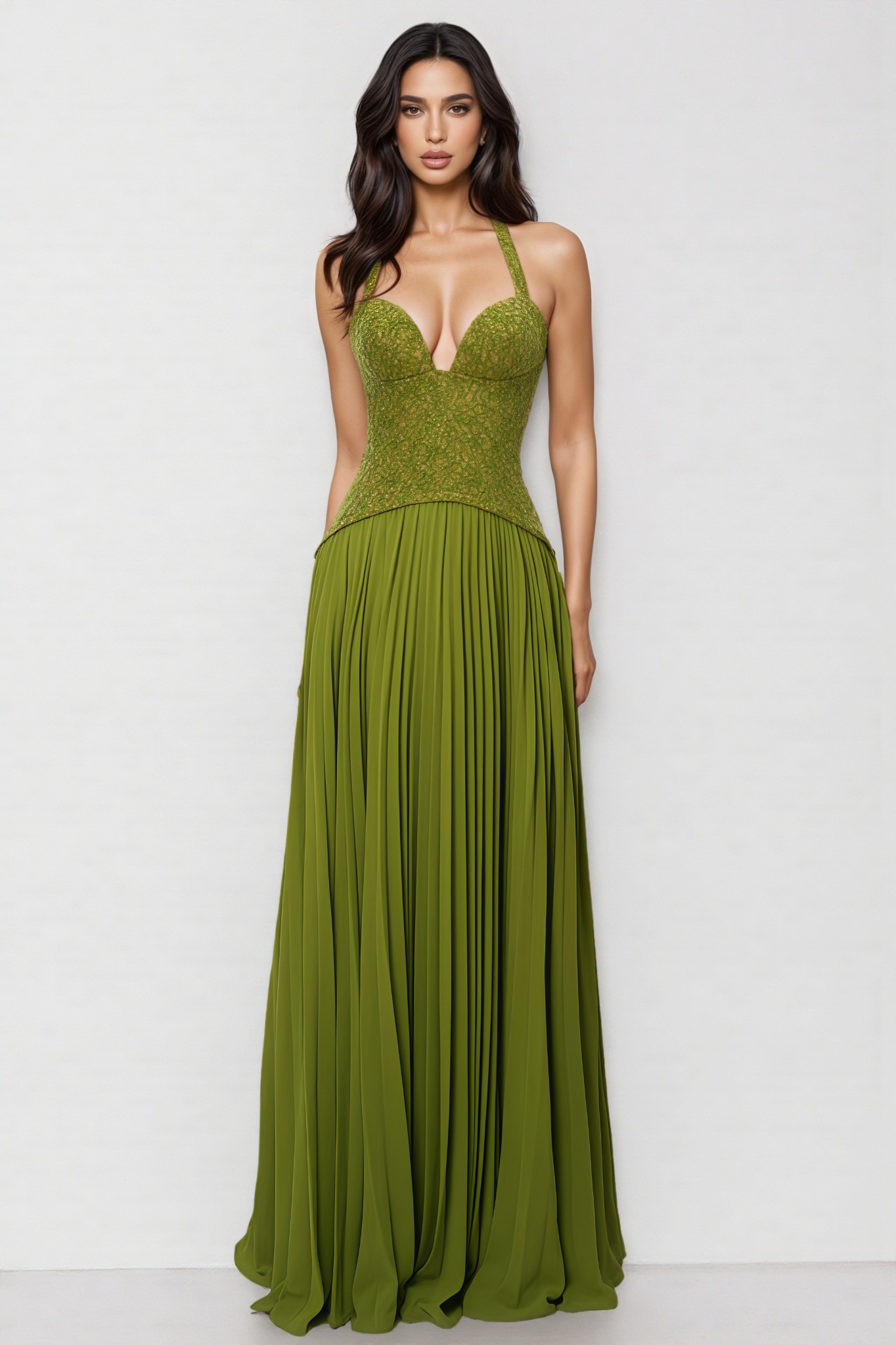 Julera Green Sleeveless Pleated Maxi Dress