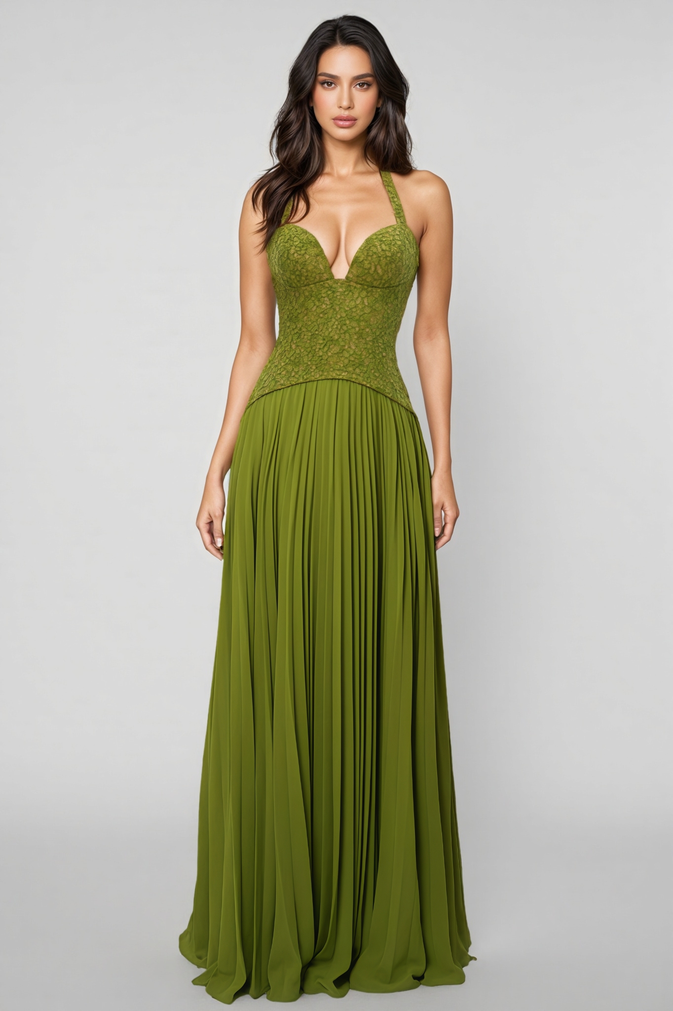 Julera Green Sleeveless Pleated Maxi Dress